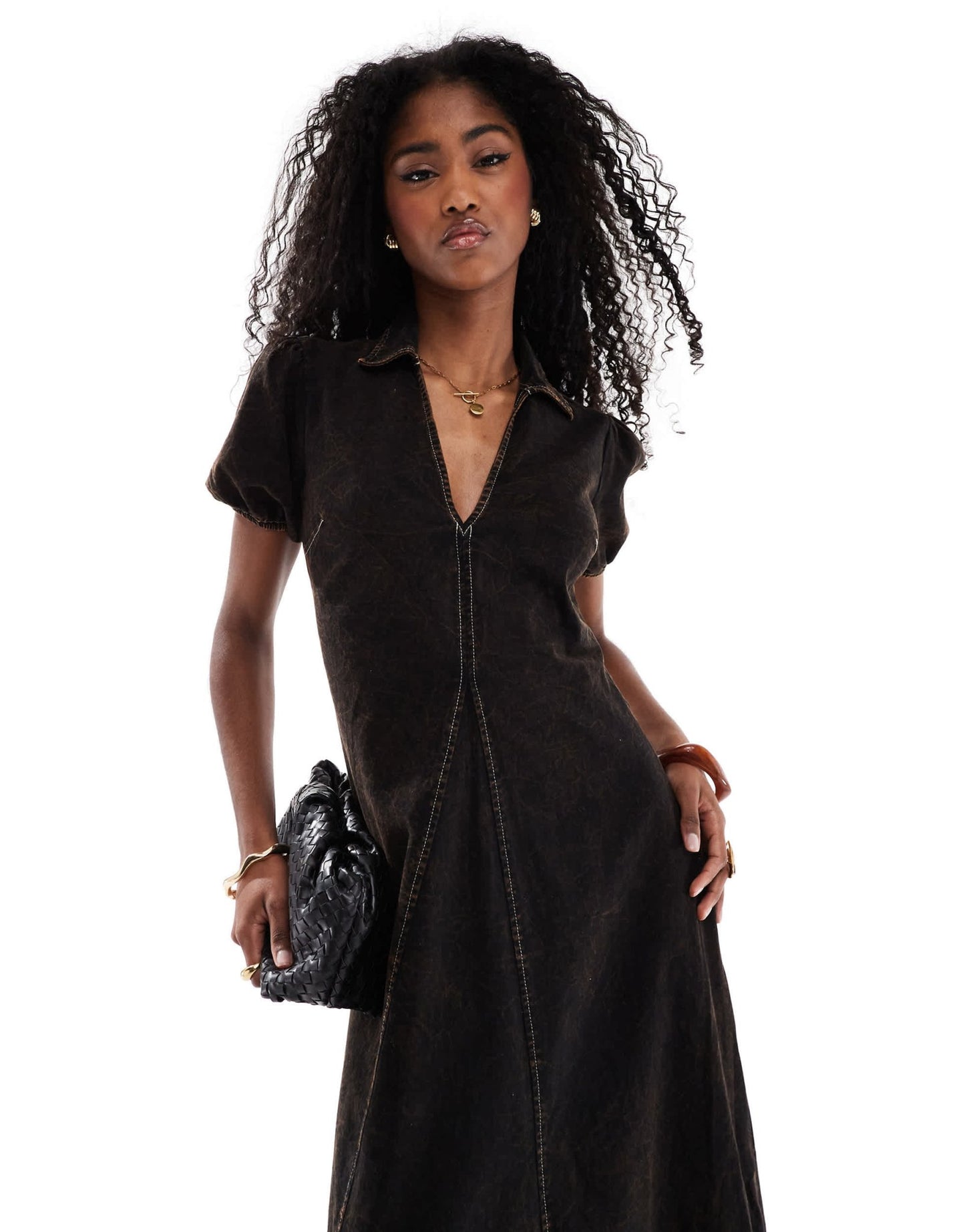 ASOS DESIGN v neck collar twill maxi dress with puff sleeve in black acid wash - ASOS Sample Sale EU Store