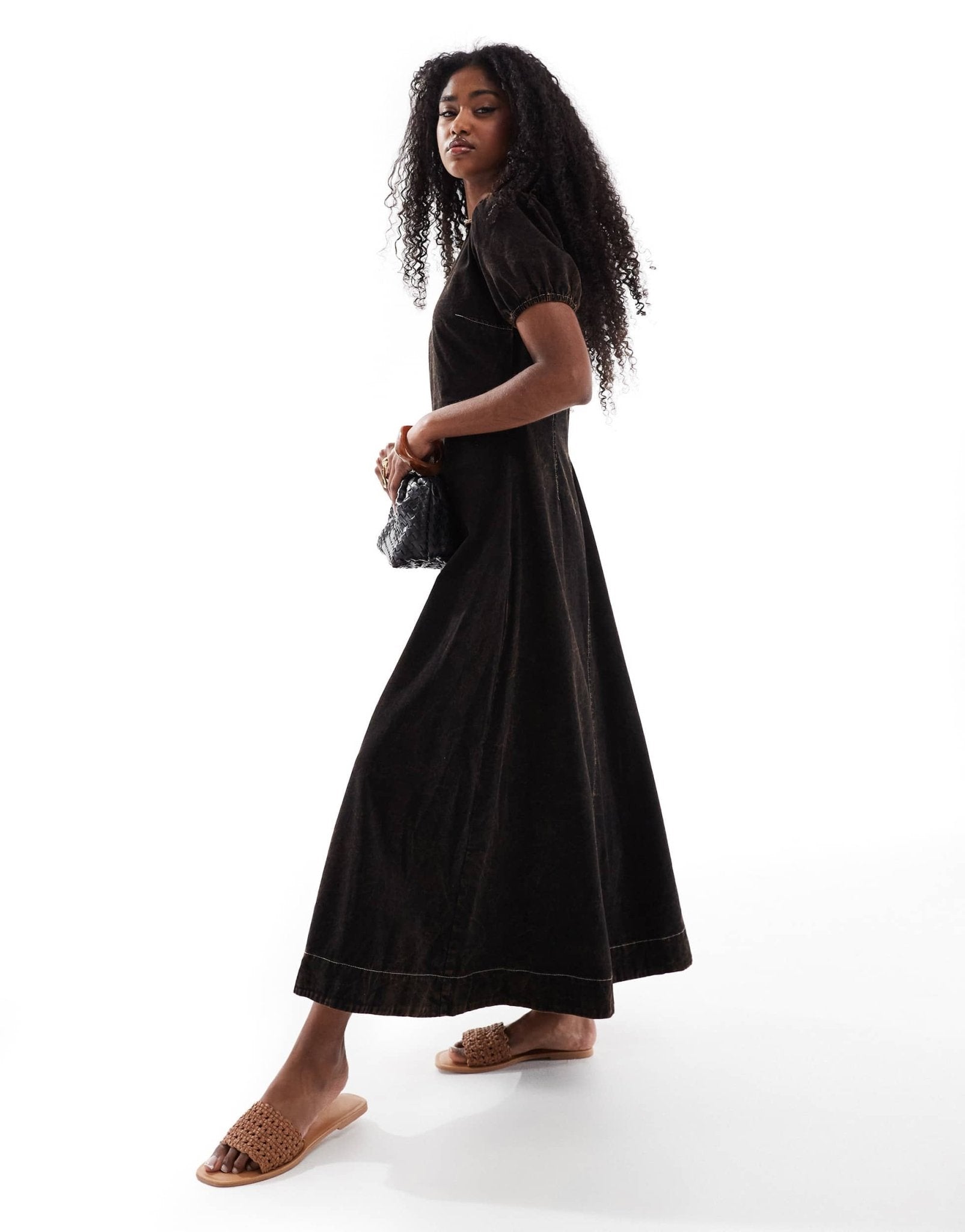 ASOS DESIGN v neck collar twill maxi dress with puff sleeve in black acid wash - ASOS Sample Sale EU Store