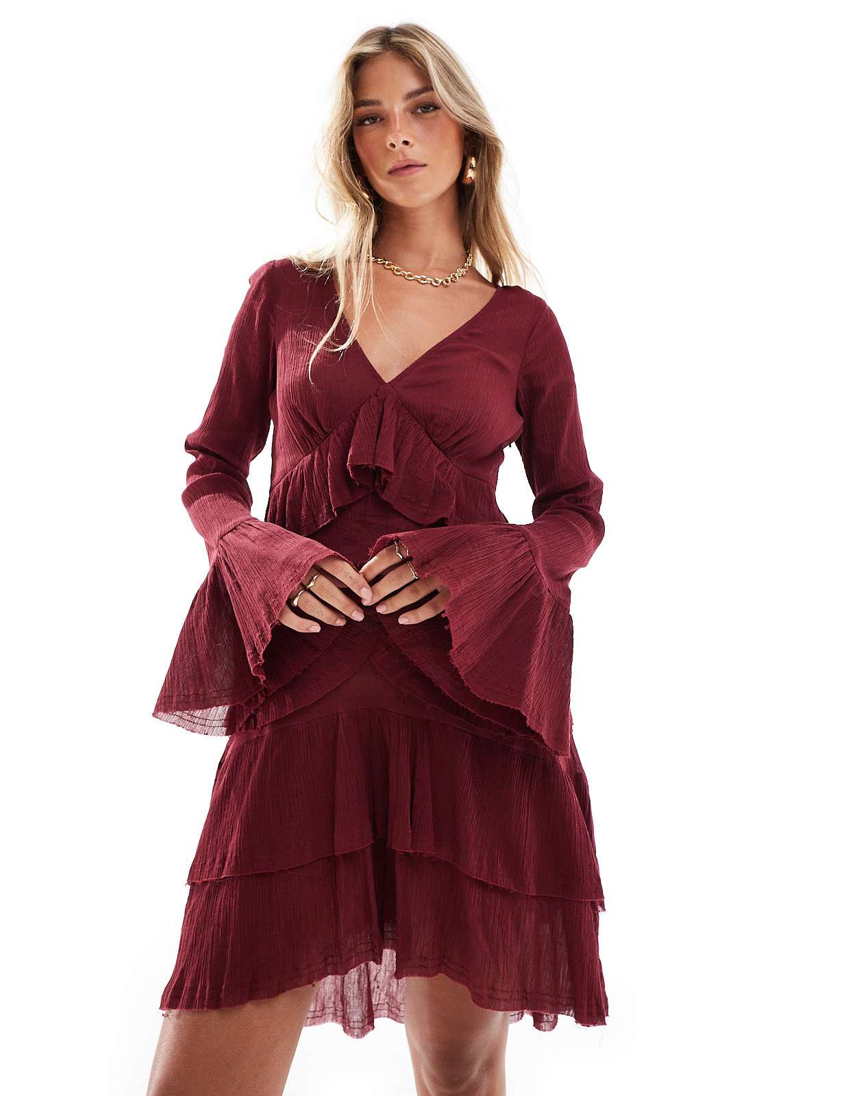 ASOS DESIGN v - neck mini dress with tiered skirt and lace detail in burgundy - ASOS Sample Sale EU Store