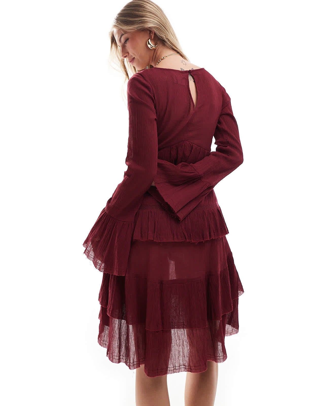 ASOS DESIGN v - neck mini dress with tiered skirt and lace detail in burgundy - ASOS Sample Sale EU Store
