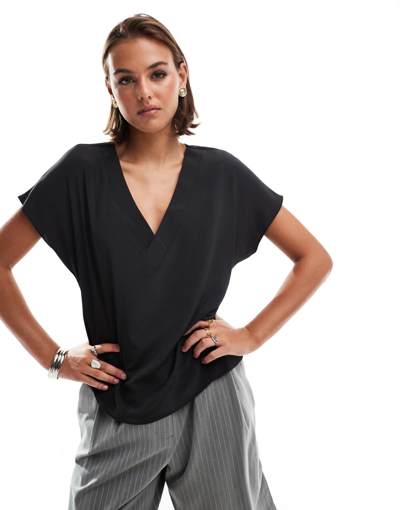 ASOS DESIGN V neck short sleeve top in black - ASOS Sample Sale EU Store