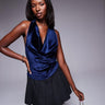 Top ASOS DESIGN in velluto con scollo a cappuccio in blu petrolio