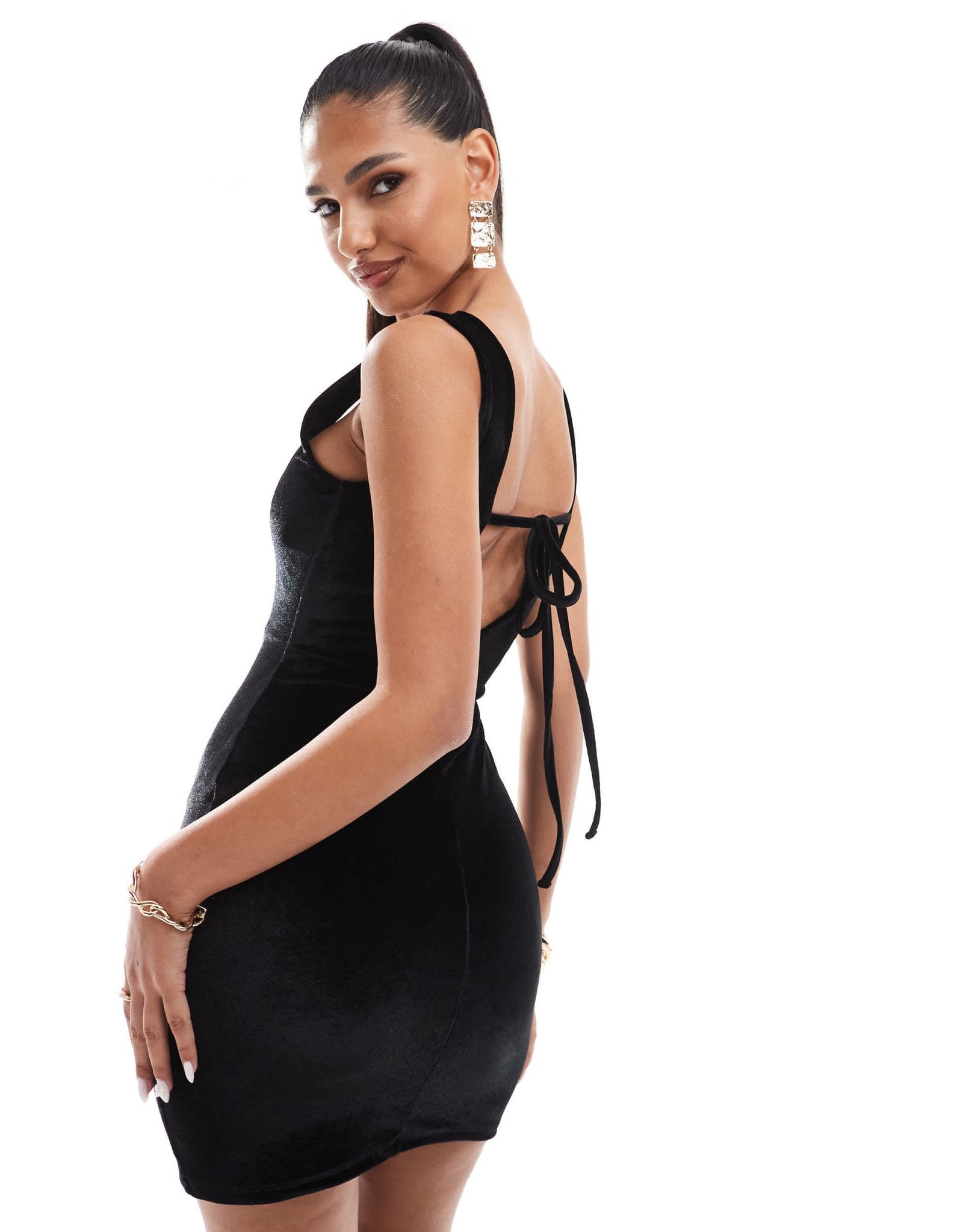 ASOS DESIGN velvet square neck mini dress with tie back in black - ASOS Sample Sale EU Store