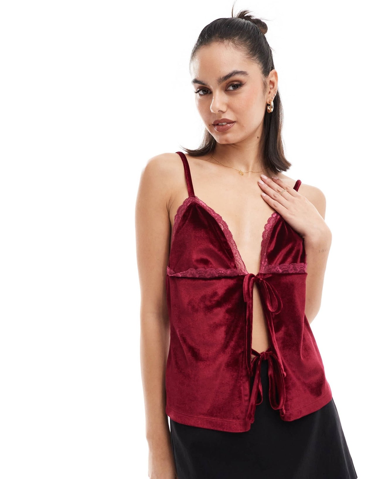 ASOS DESIGN velvet tie front velvet cami in burgundy - ASOS Sample Sale EU Store