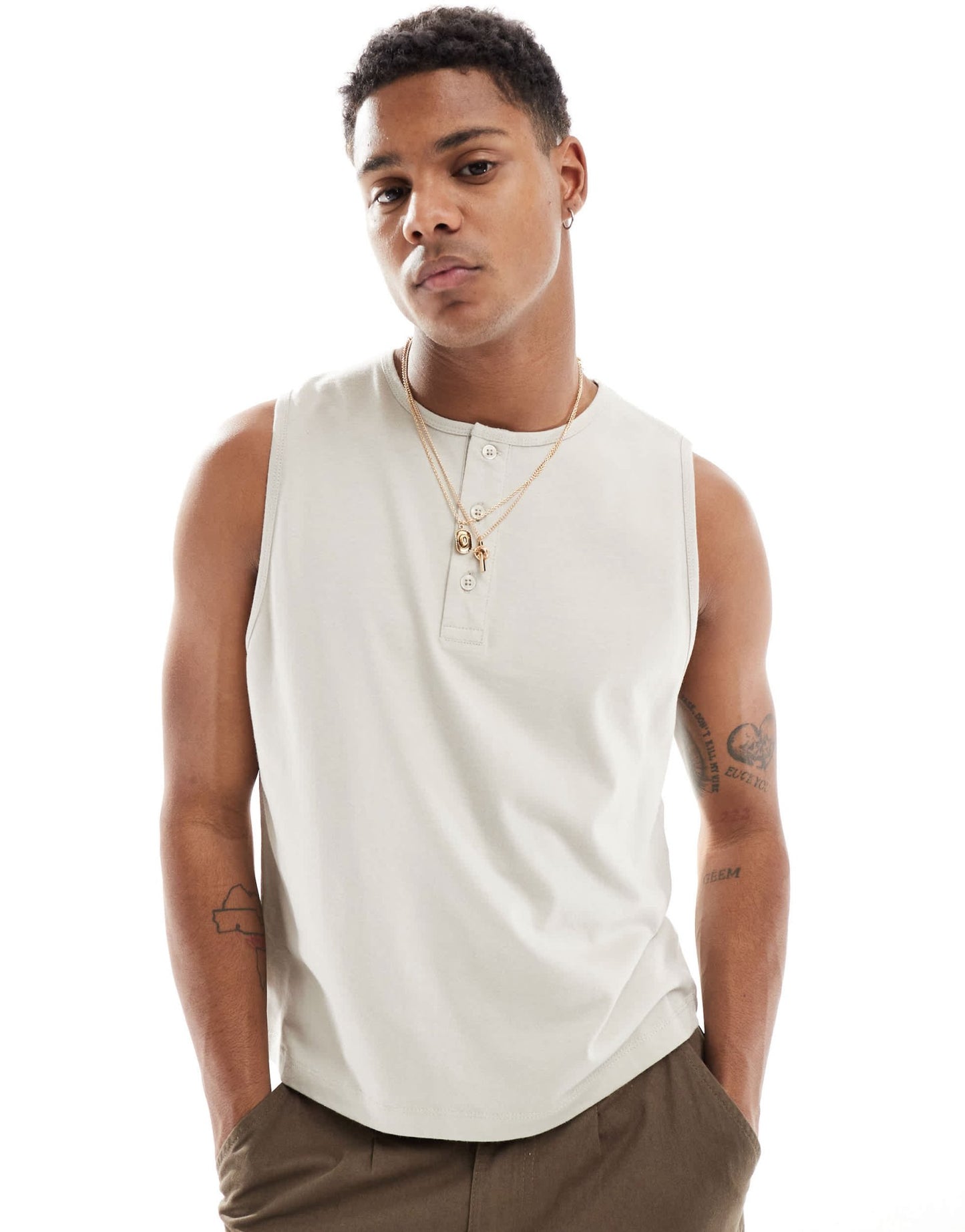 ASOS DESIGN vest with button up crew neck in stone - ASOS Sample Sale EU Store