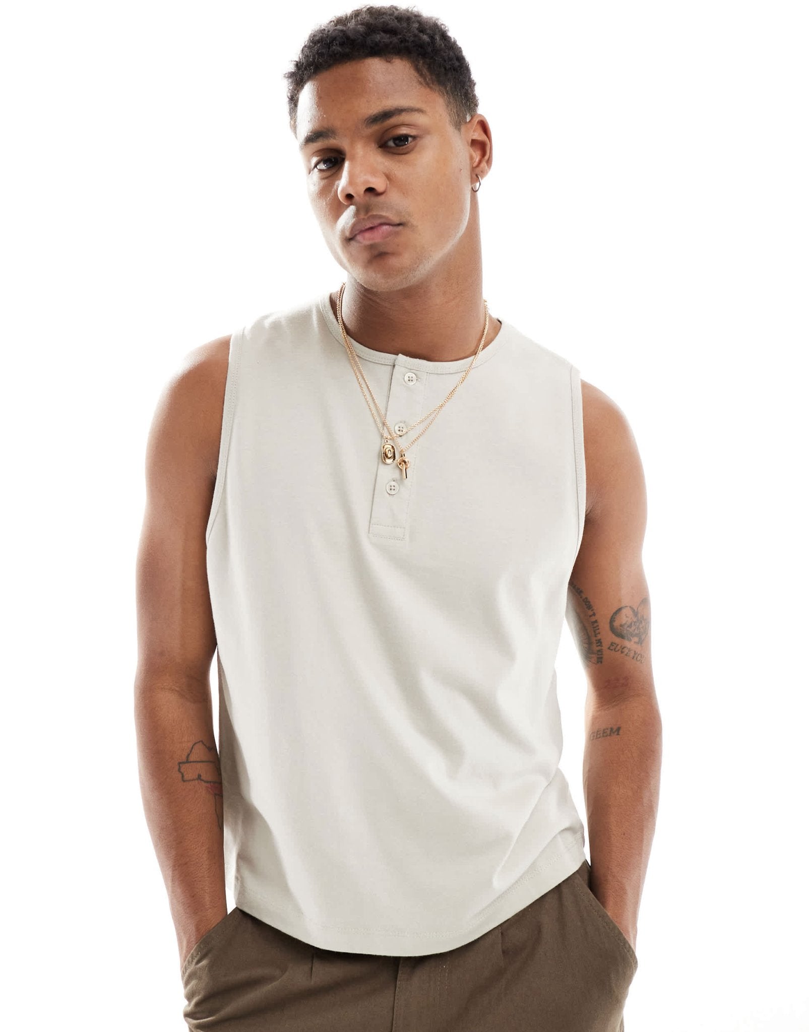 ASOS DESIGN vest with button up crew neck in stone - ASOS Sample Sale EU Store
