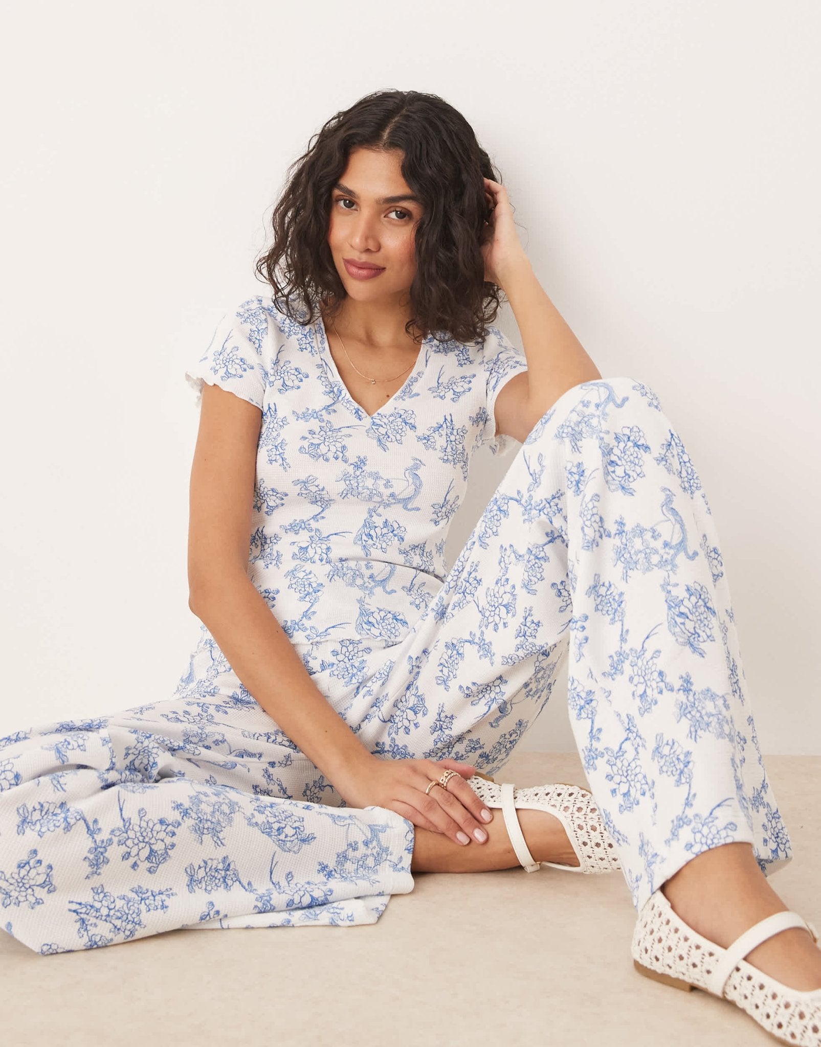 ASOS DESIGN waffle co - ord top in blue floral print - ASOS Sample Sale EU Store