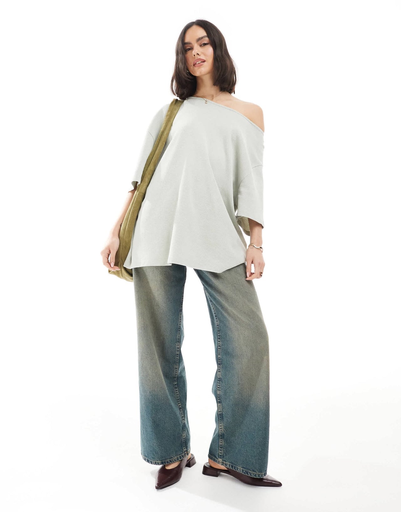 ASOS DESIGN waffle off shoulder relaxed t-shirt in washed sage - ASOS Sample Sale EU Store