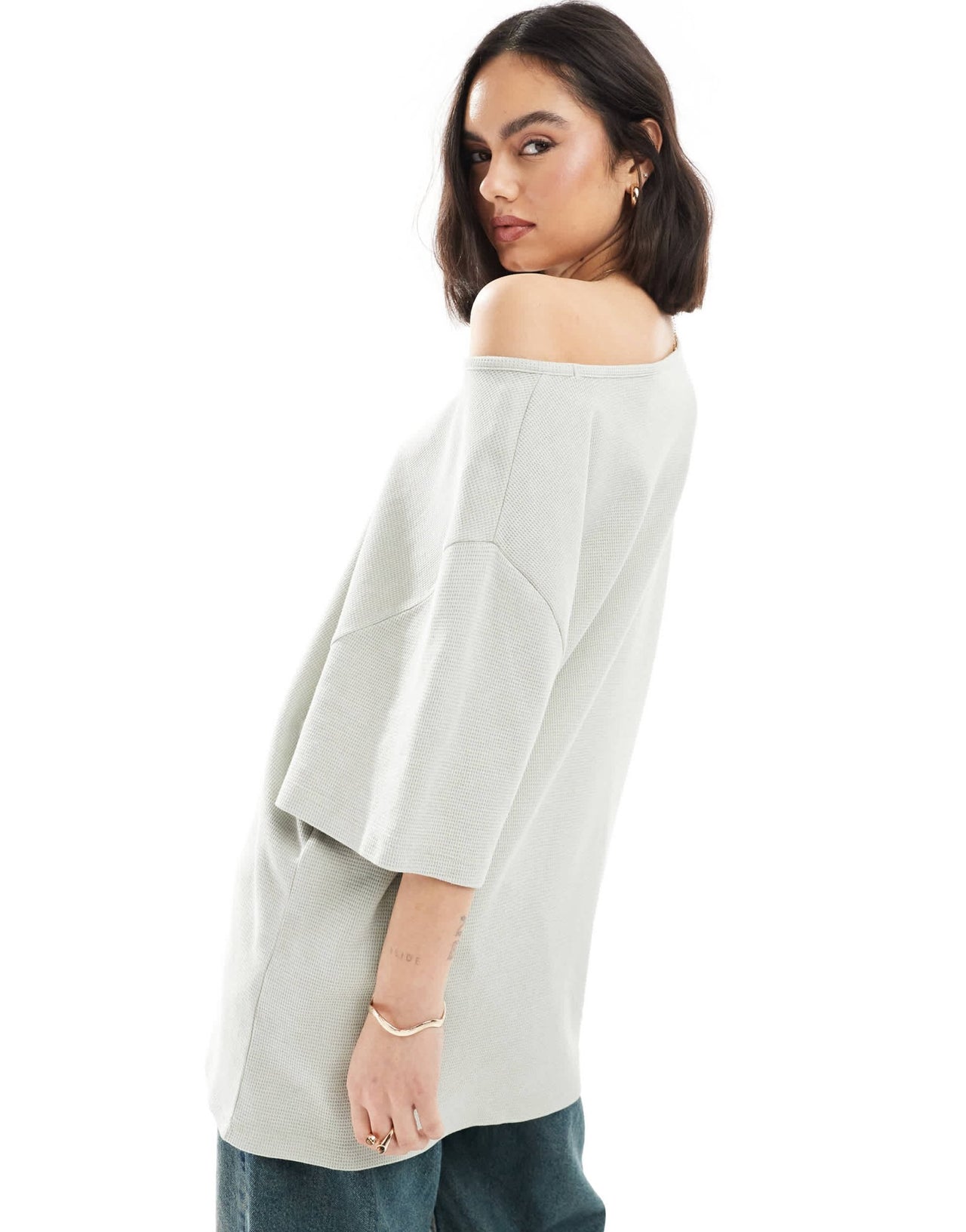 ASOS DESIGN waffle off shoulder relaxed t-shirt in washed sage - ASOS Sample Sale EU Store