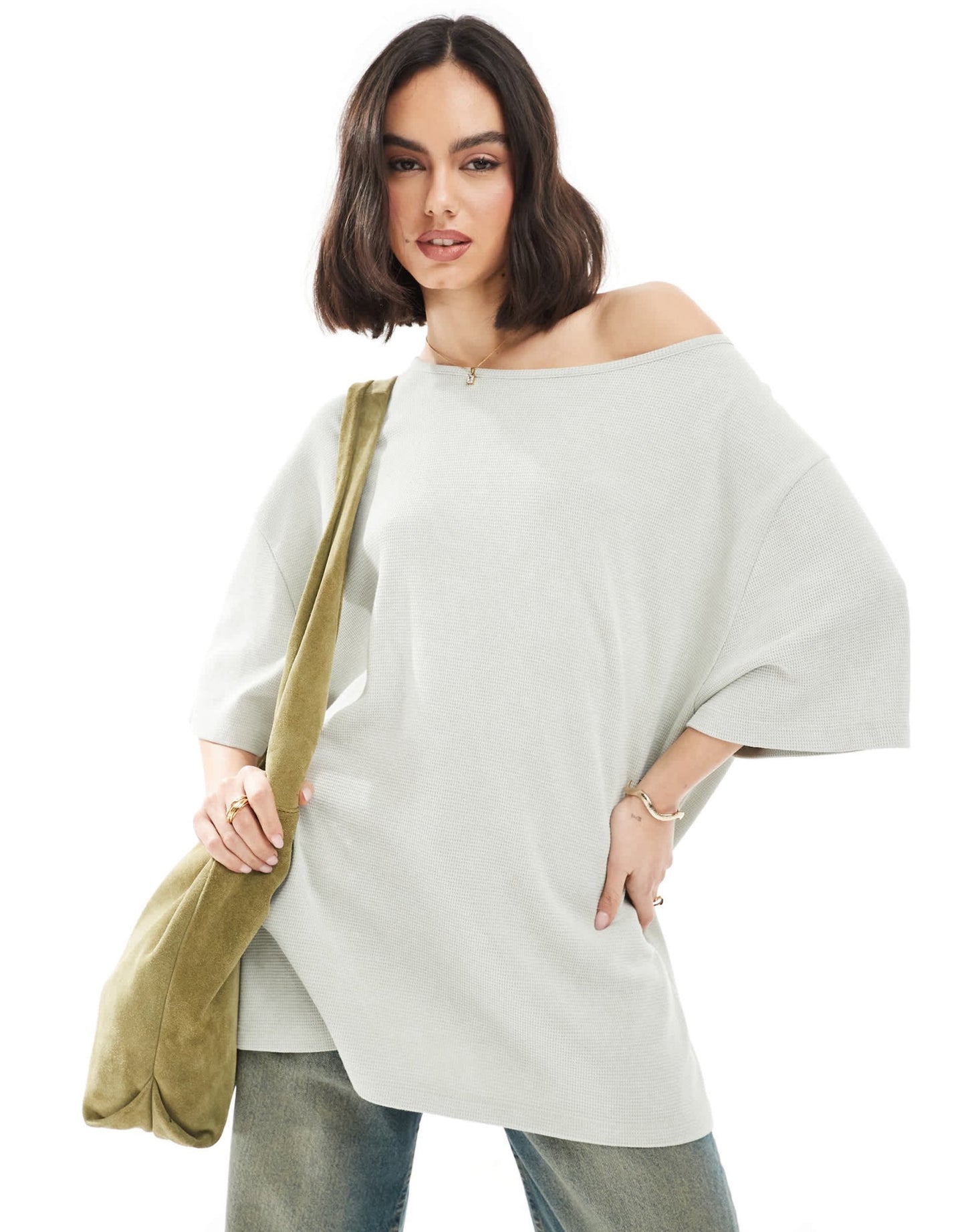 ASOS DESIGN waffle off shoulder relaxed t-shirt in washed sage - ASOS Sample Sale EU Store