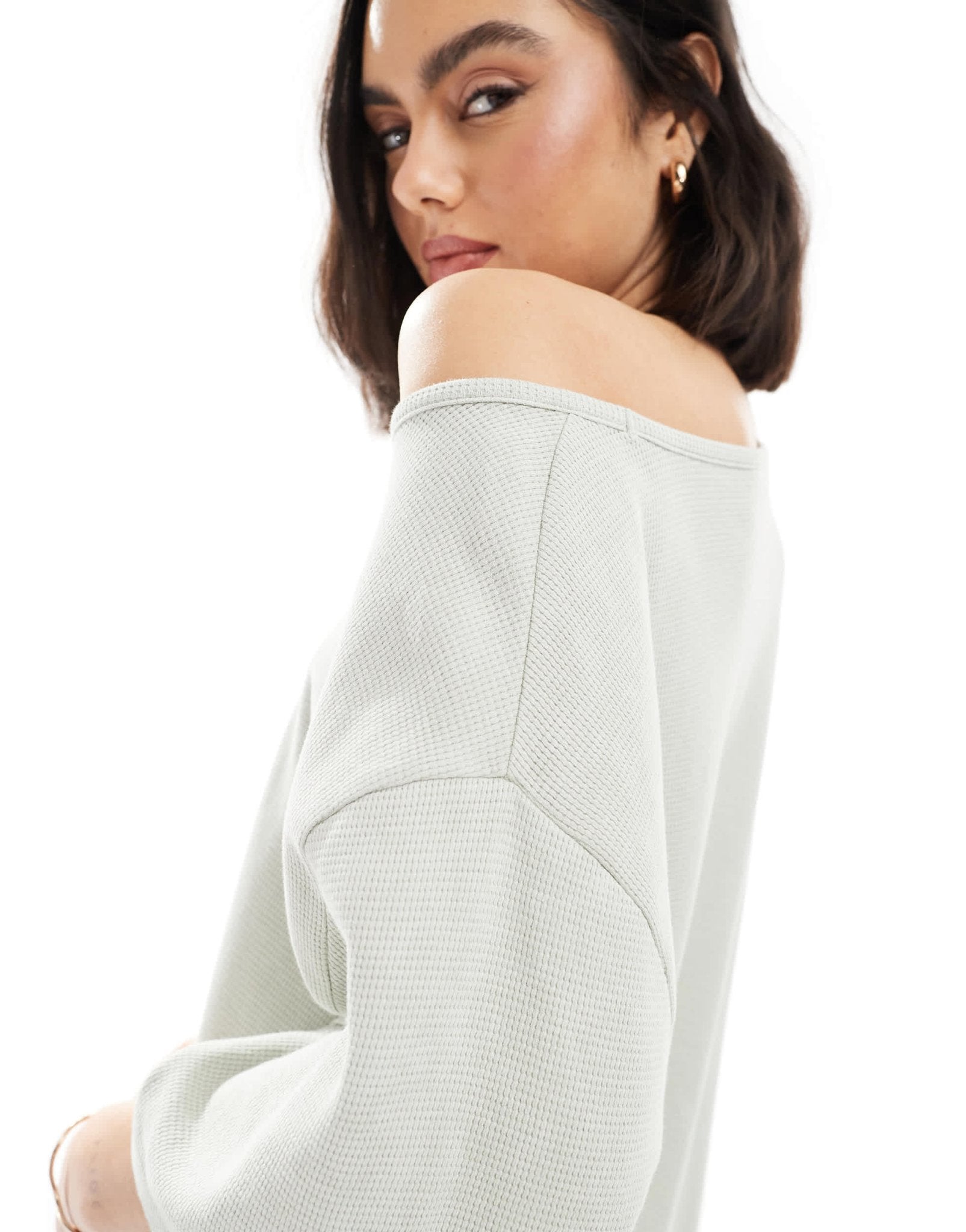ASOS DESIGN waffle off shoulder relaxed t-shirt in washed sage - ASOS Sample Sale EU Store