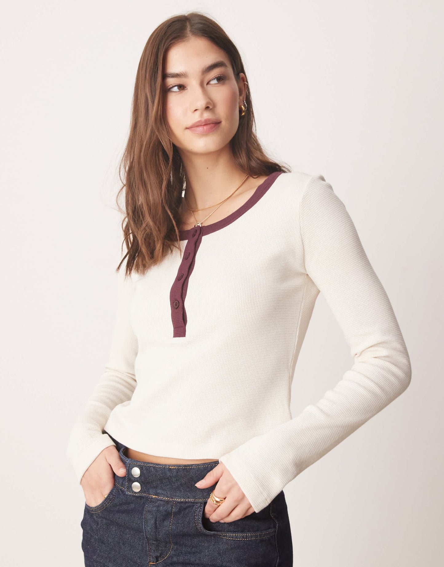 ASOS DESIGN waffle scoop neck henley top in cream - ASOS Sample Sale EU Store