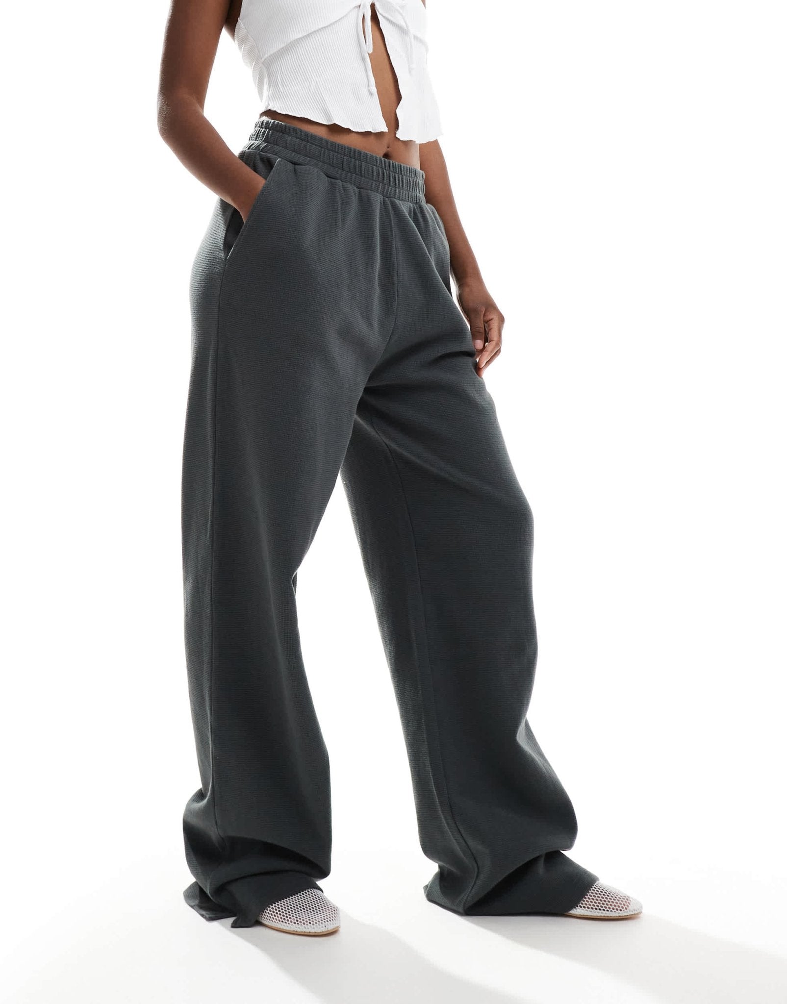 ASOS DESIGN waffle wide leg trouser in washed charcoal - CHARCOAL - ASOS Sample Sale EU Store