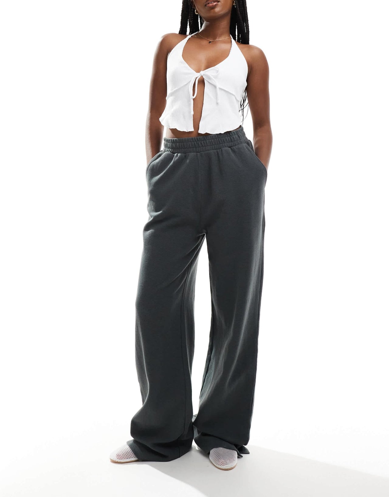 ASOS DESIGN waffle wide leg trouser in washed charcoal - CHARCOAL - ASOS Sample Sale EU Store