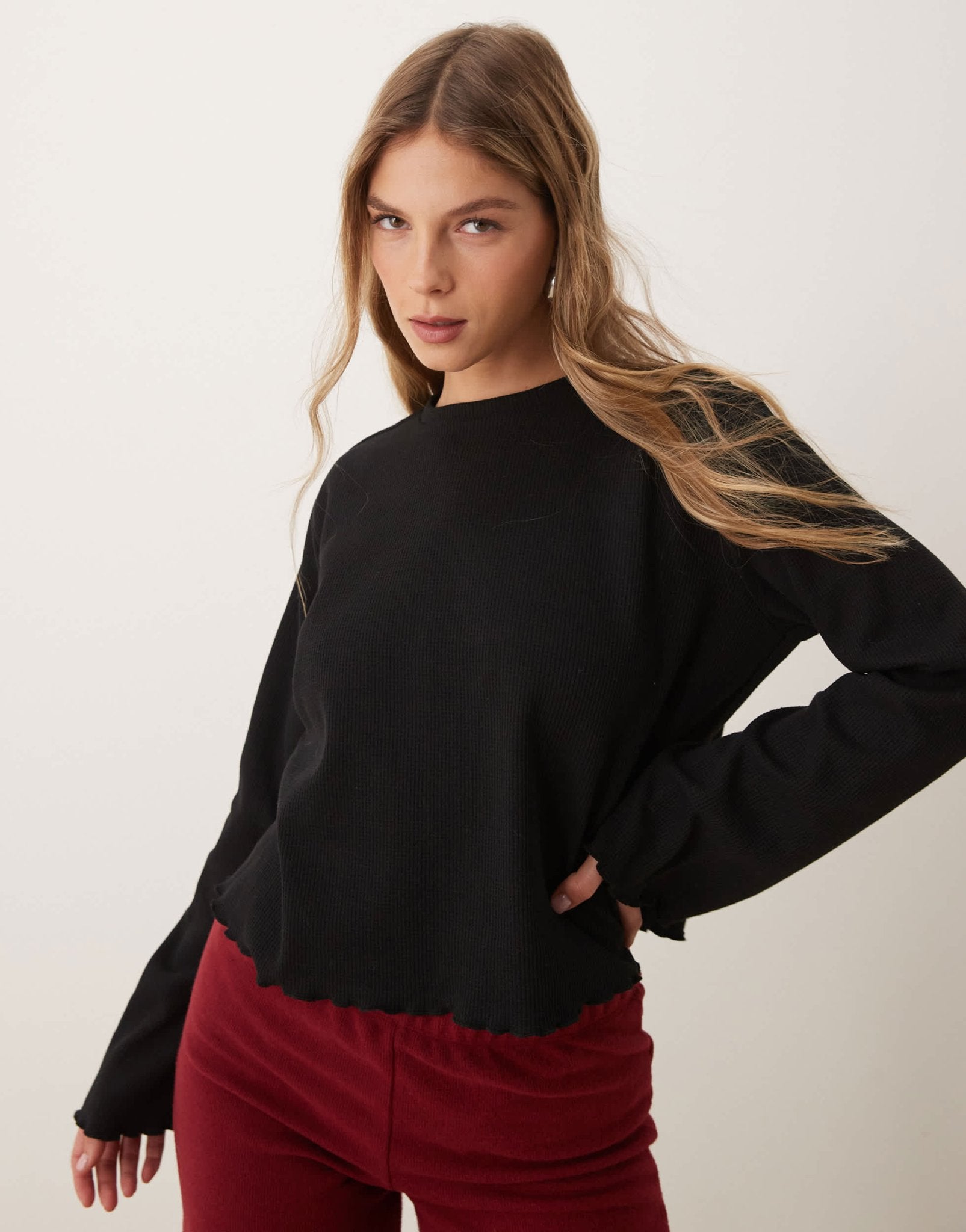 ASOS DESIGN waffle wide sleeve top in black - ASOS Sample Sale EU Store