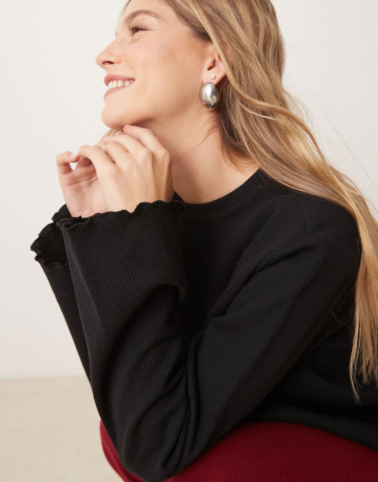 ASOS DESIGN waffle wide sleeve top in black - ASOS Sample Sale EU Store