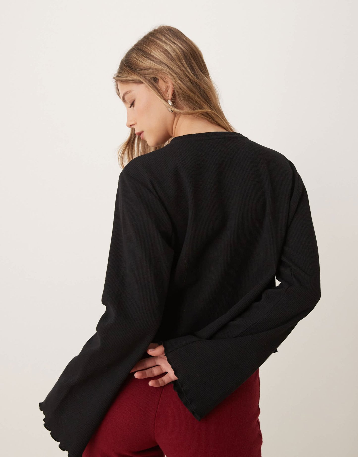 ASOS DESIGN waffle wide sleeve top in black - ASOS Sample Sale EU Store