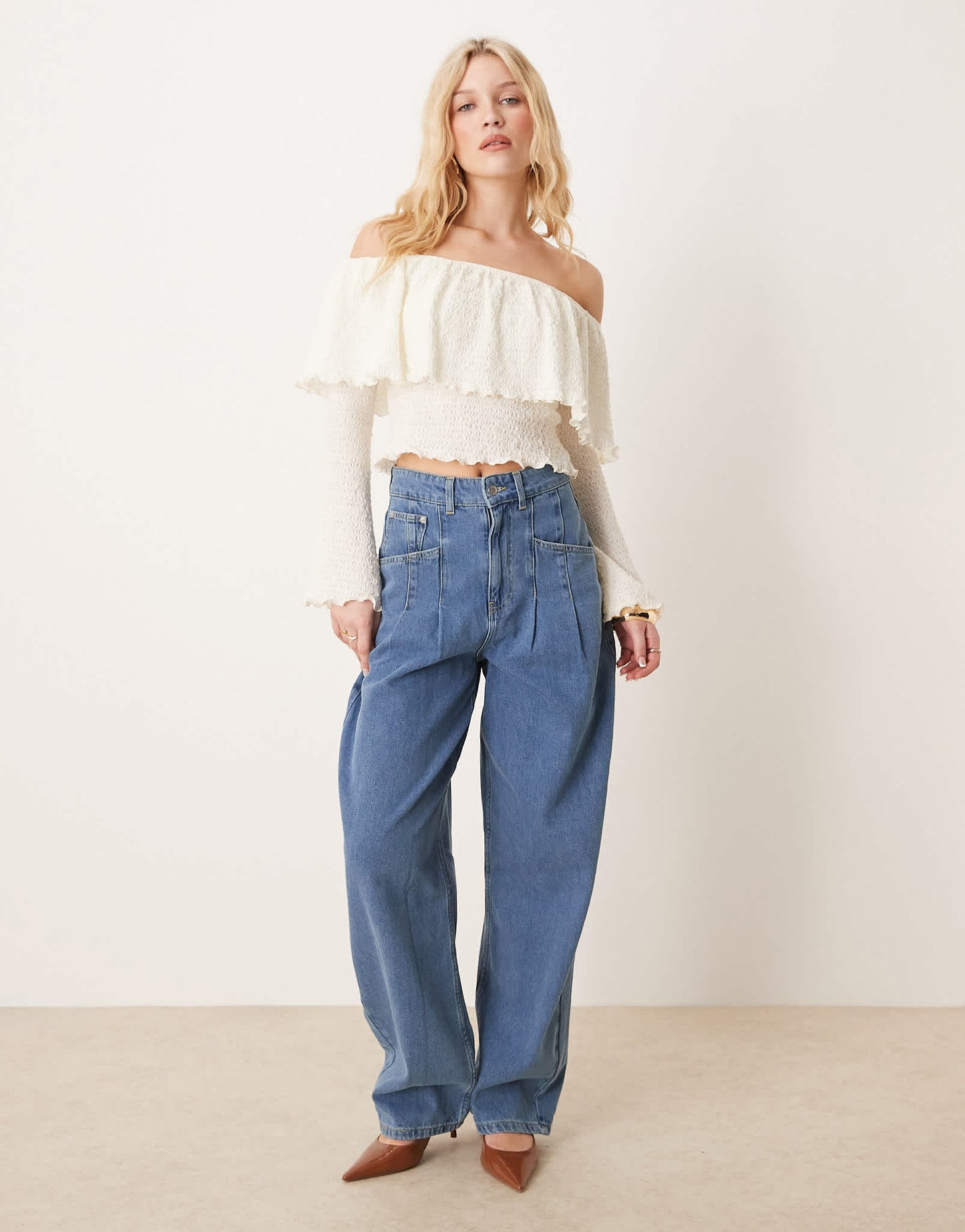ASOS DESIGN wavey textured bardot top with flute cuff detail in cream - ASOS Sample Sale EU Store