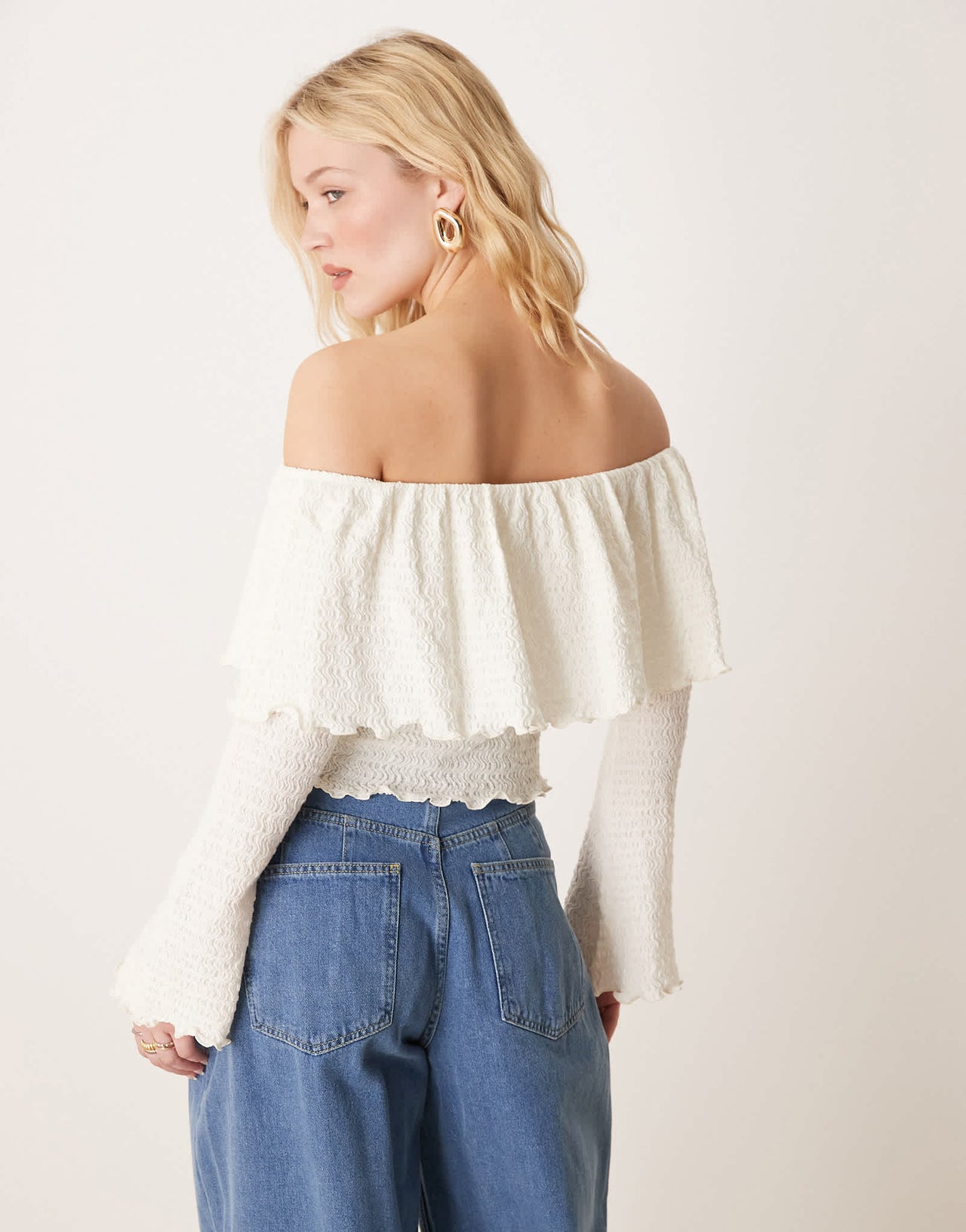 ASOS DESIGN wavey textured bardot top with flute cuff detail in cream - ASOS Sample Sale EU Store