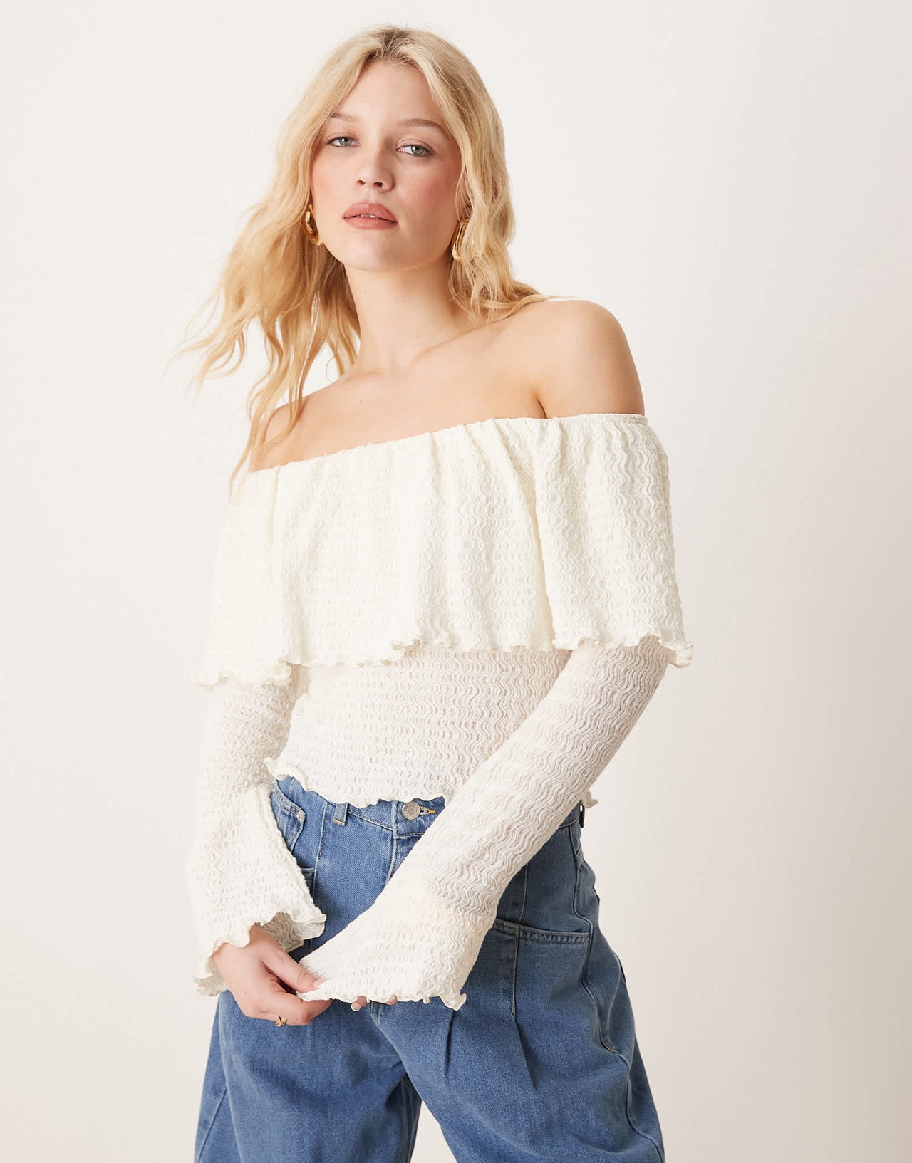 ASOS DESIGN wavey textured bardot top with flute cuff detail in cream - ASOS Sample Sale EU Store