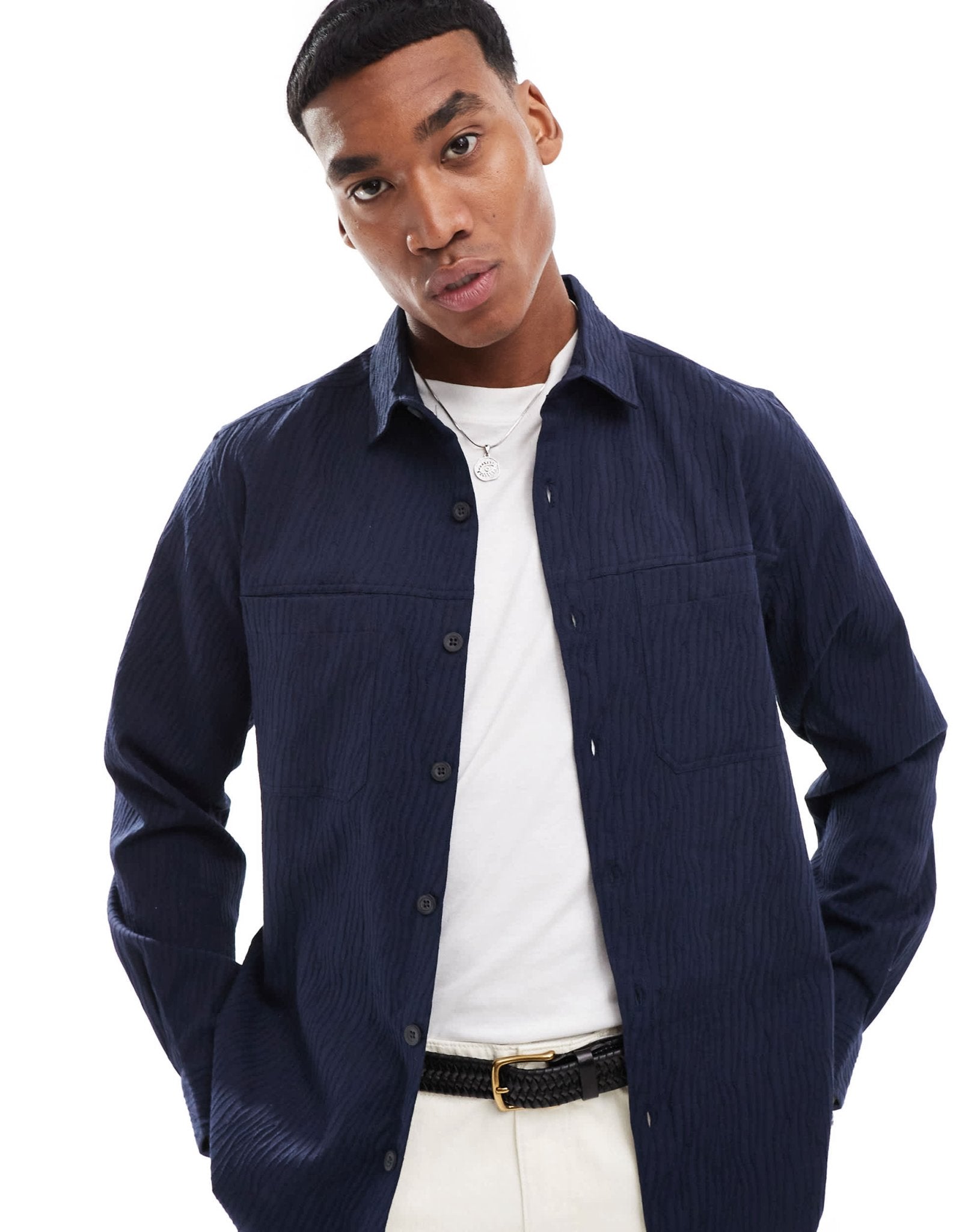 ASOS DESIGN wavy textured overshirt in navy - ASOS Sample Sale EU Store