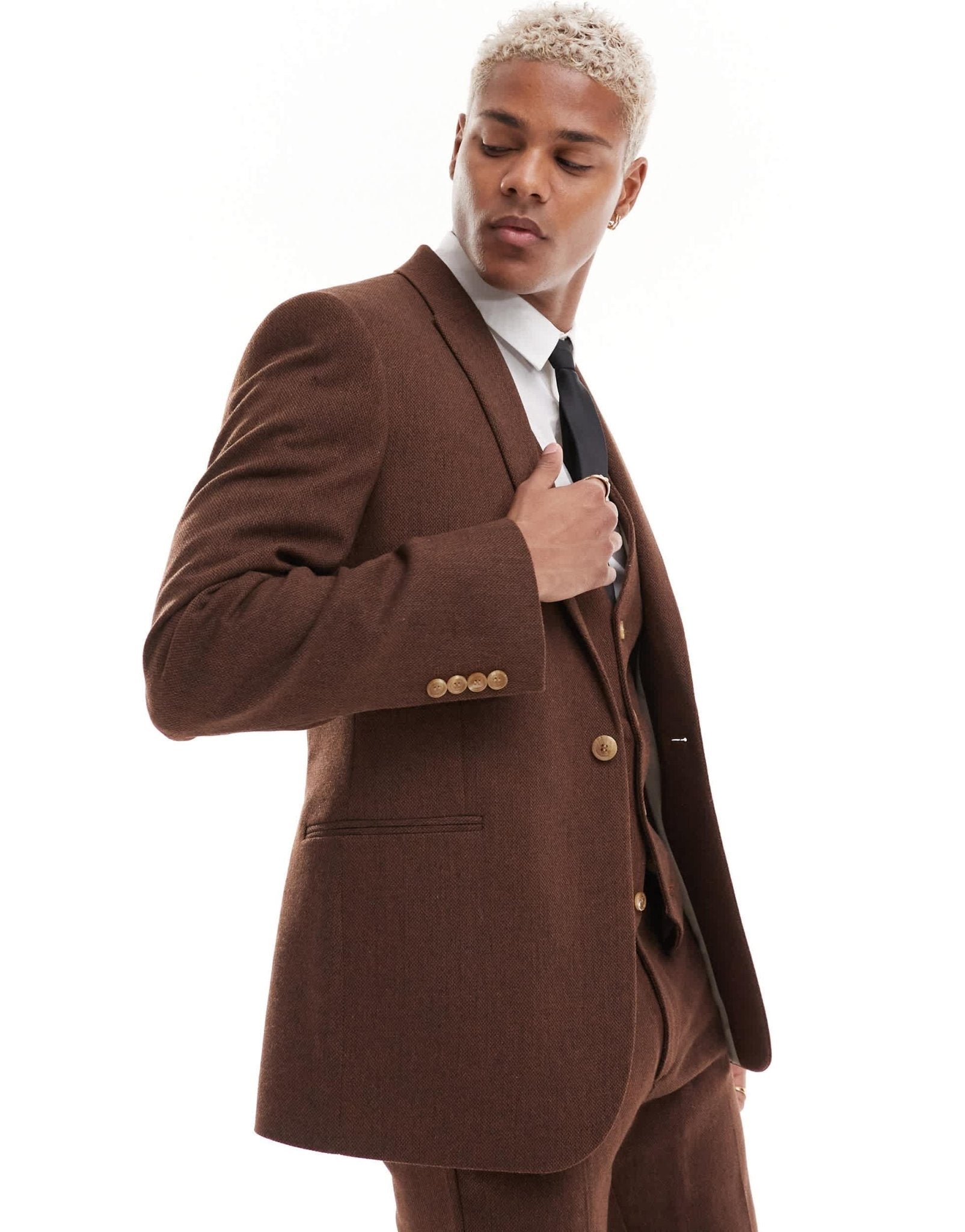 ASOS DESIGN wedding skinny wool mix suit jacket in brown basketweave texture - ASOS Sample Sale EU Store