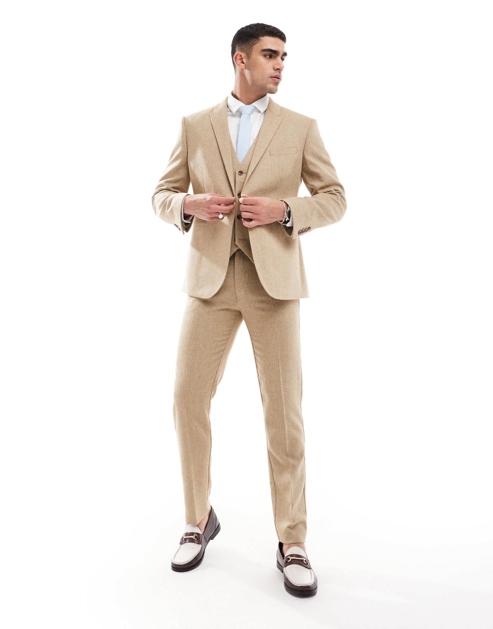 ASOS DESIGN wedding slim wool mix suit jacket in beige basketweave texture - ASOS Sample Sale EU Store