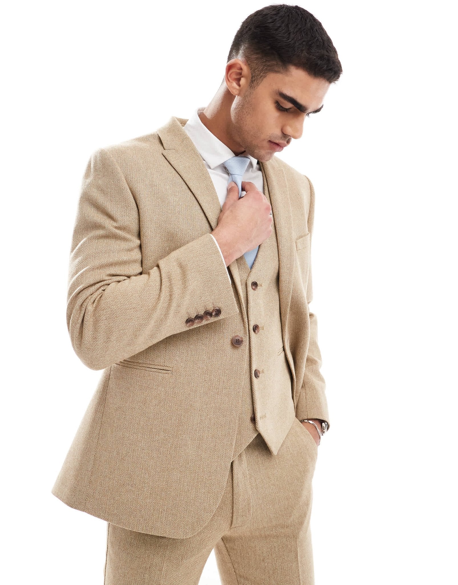 ASOS DESIGN wedding slim wool mix suit jacket in beige basketweave texture - ASOS Sample Sale EU Store
