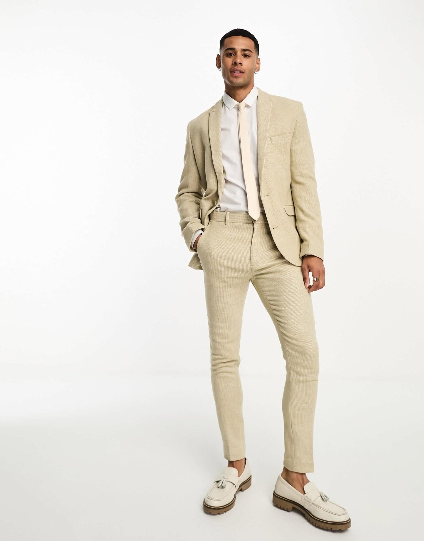 ASOS DESIGN wedding super skinny wool mix suit jacket in stone puppytooth - ASOS Sample Sale EU Store