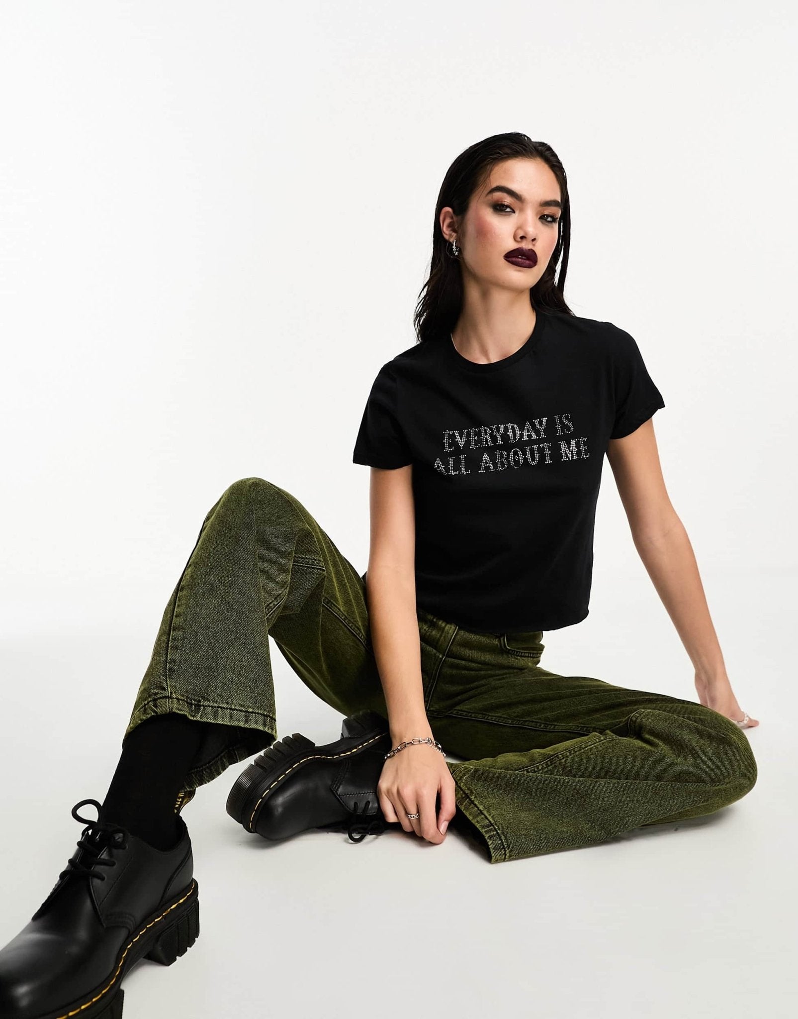 ASOS DESIGN Wednesday Addams baby tee with studded slogan licence graphic in black - ASOS Sample Sale EU Store