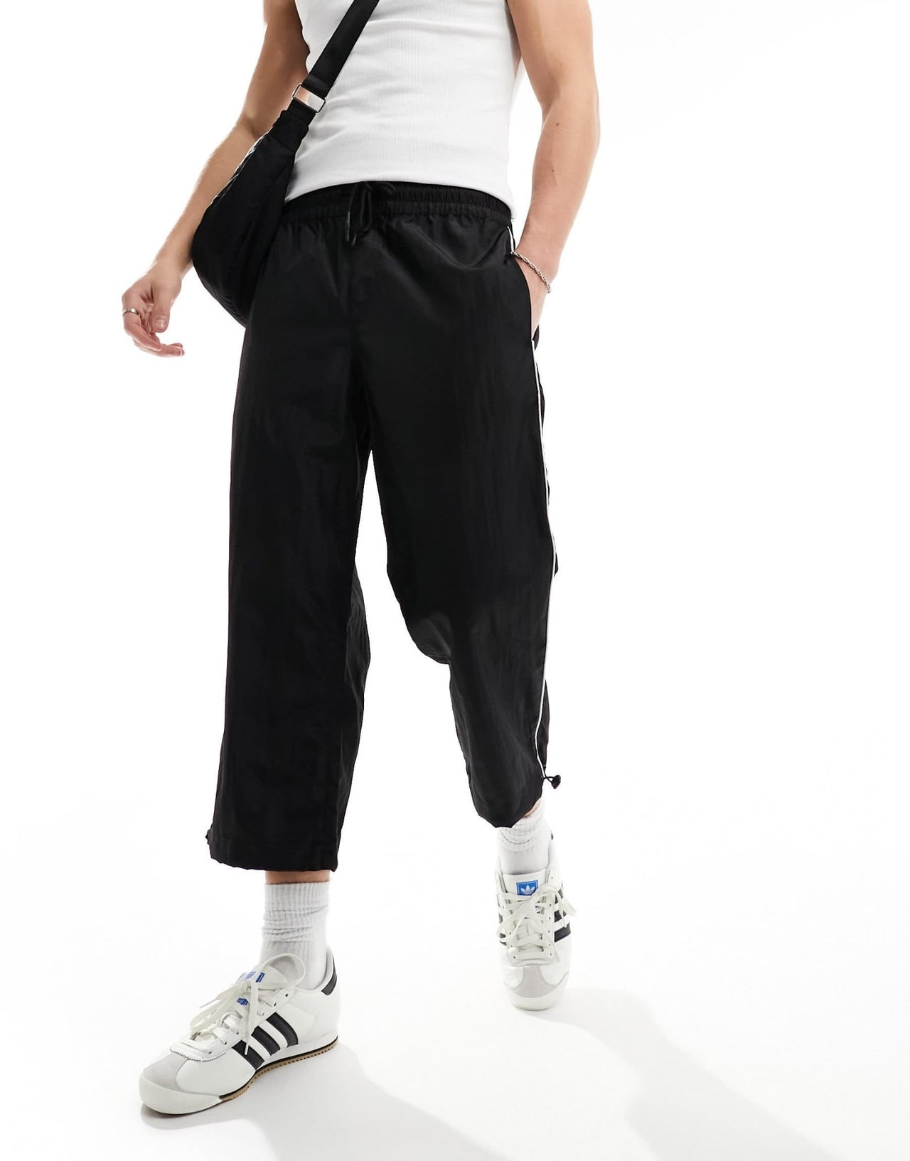 ASOS DESIGN wide awkward length nylon trouser with toggle detail in black - ASOS Sample Sale EU Store