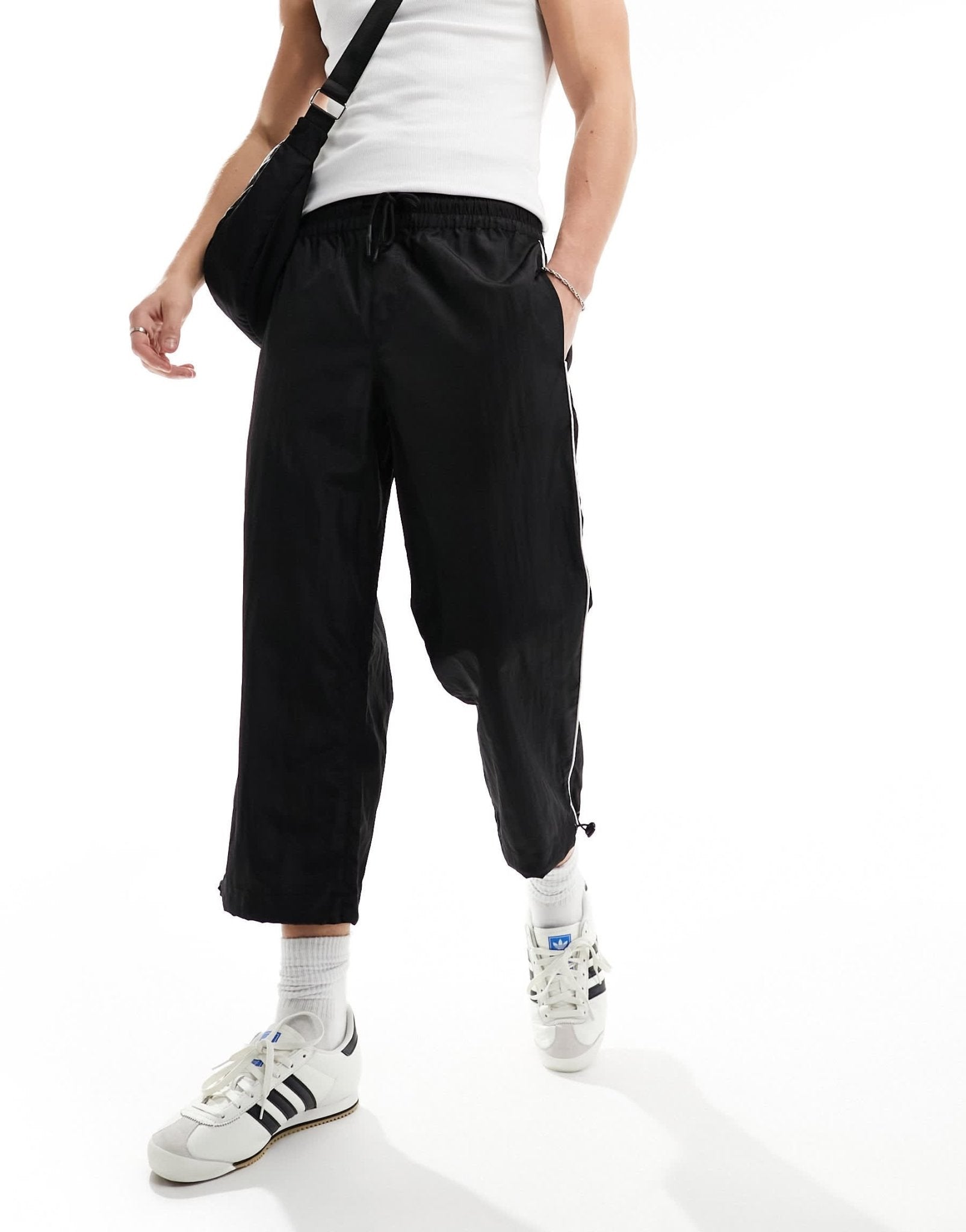ASOS DESIGN wide awkward length nylon trouser with toggle detail in black - ASOS Sample Sale EU Store
