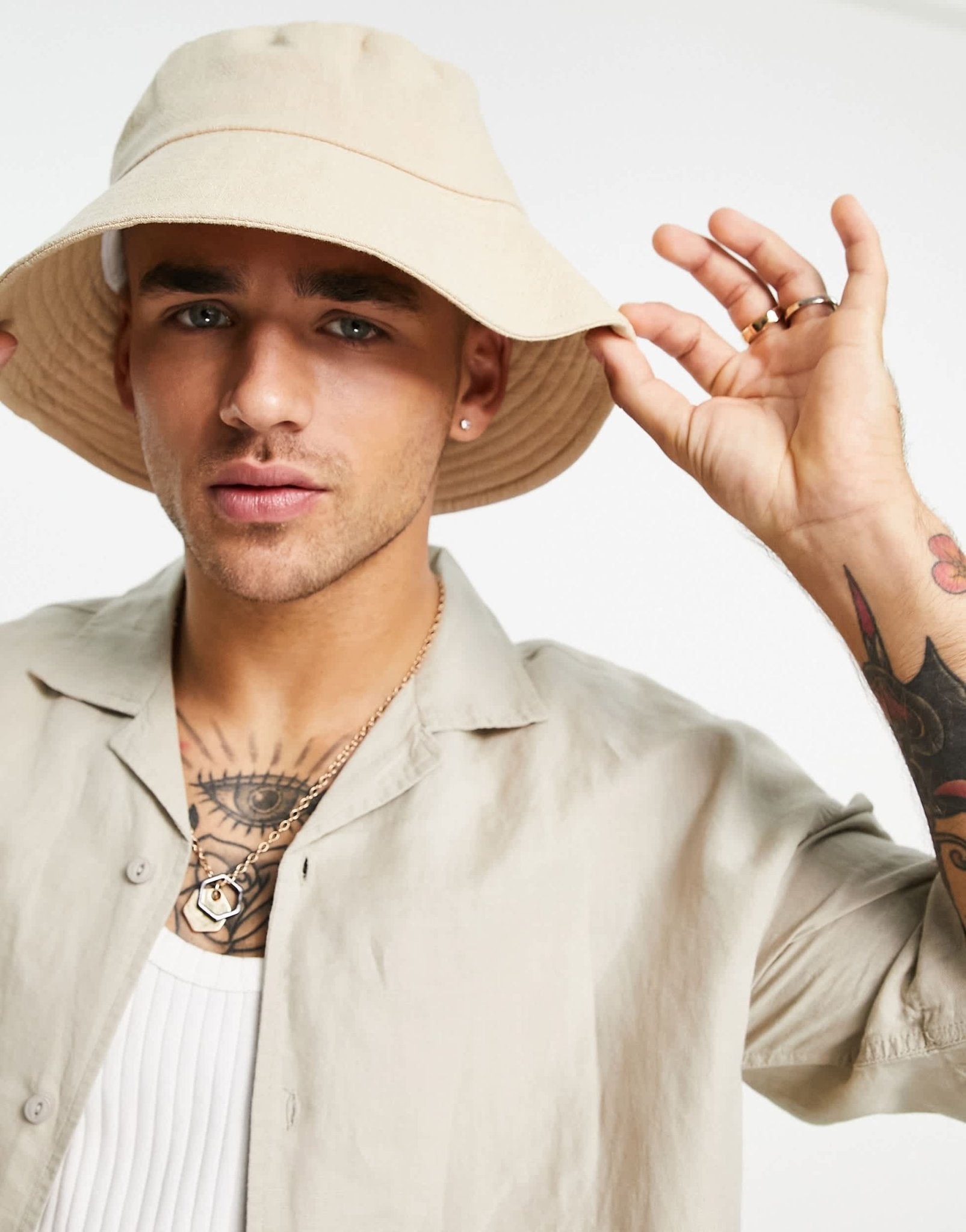 ASOS DESIGN wide brim bucket hat in stone linen - ASOS Sample Sale EU Store