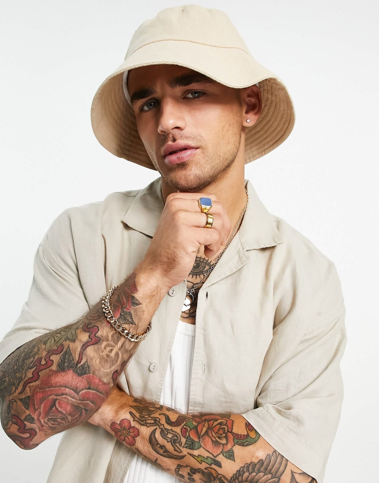 ASOS DESIGN wide brim bucket hat in stone linen - ASOS Sample Sale EU Store