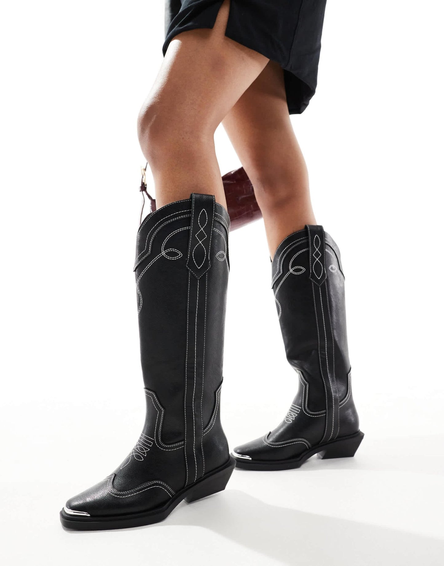 ASOS DESIGN Wide Fit Celeste flat western knee boots in black with stitching - ASOS Sample Sale EU Store