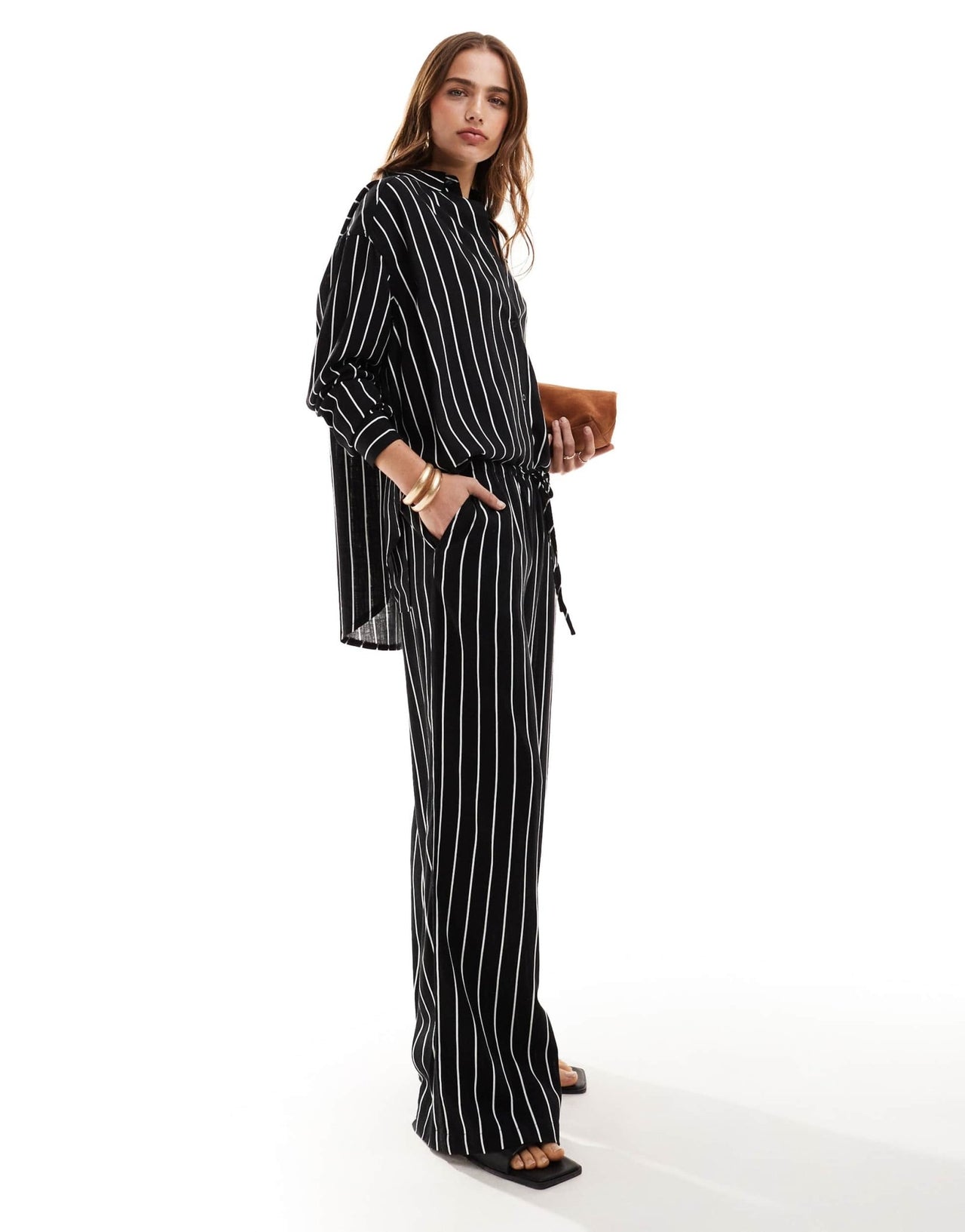 ASOS DESIGN wide leg pull on trouser with linen in black stripe - ASOS Sample Sale EU Store