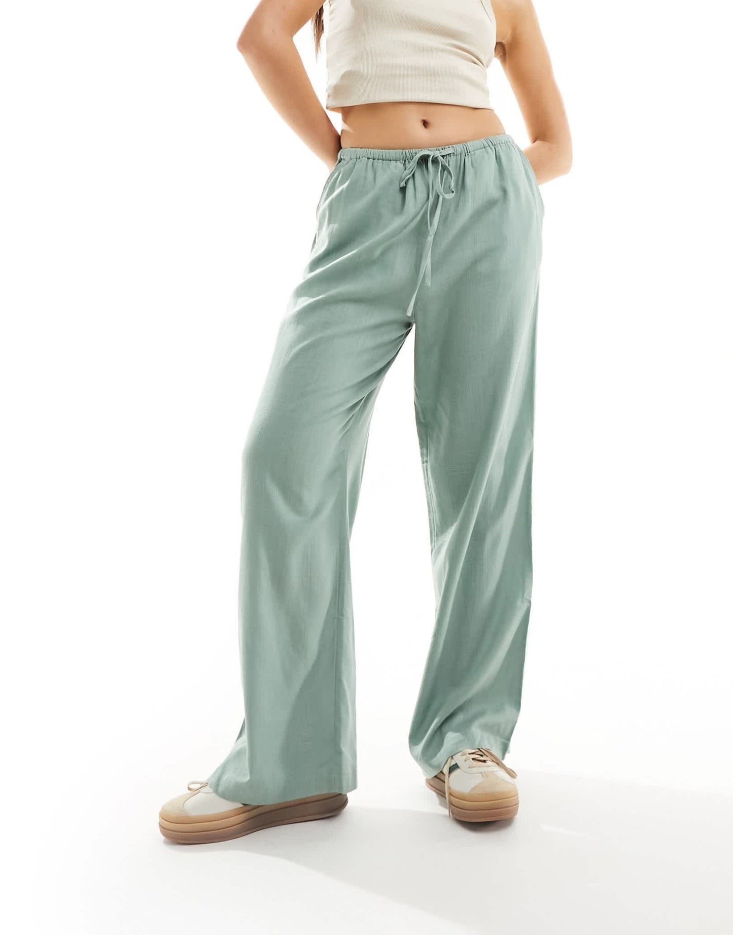 ASOS DESIGN wide leg pull on trouser with linen in green - ASOS Sample Sale EU Store