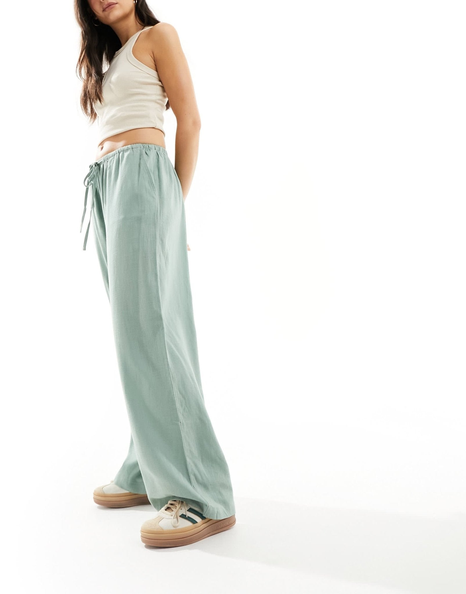 ASOS DESIGN wide leg pull on trouser with linen in green - ASOS Sample Sale EU Store