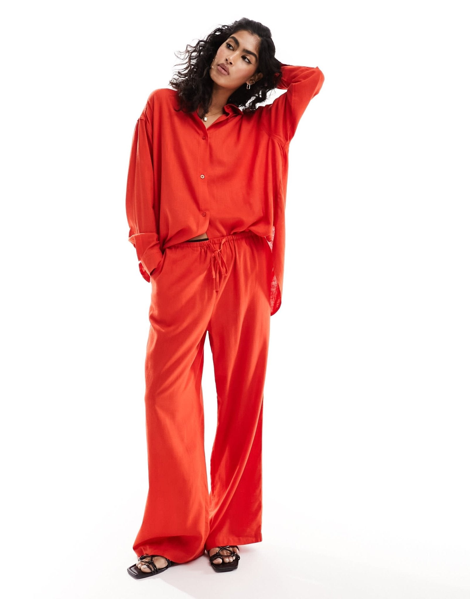 ASOS DESIGN wide leg pull on trouser with linen in red - ASOS Sample Sale EU Store