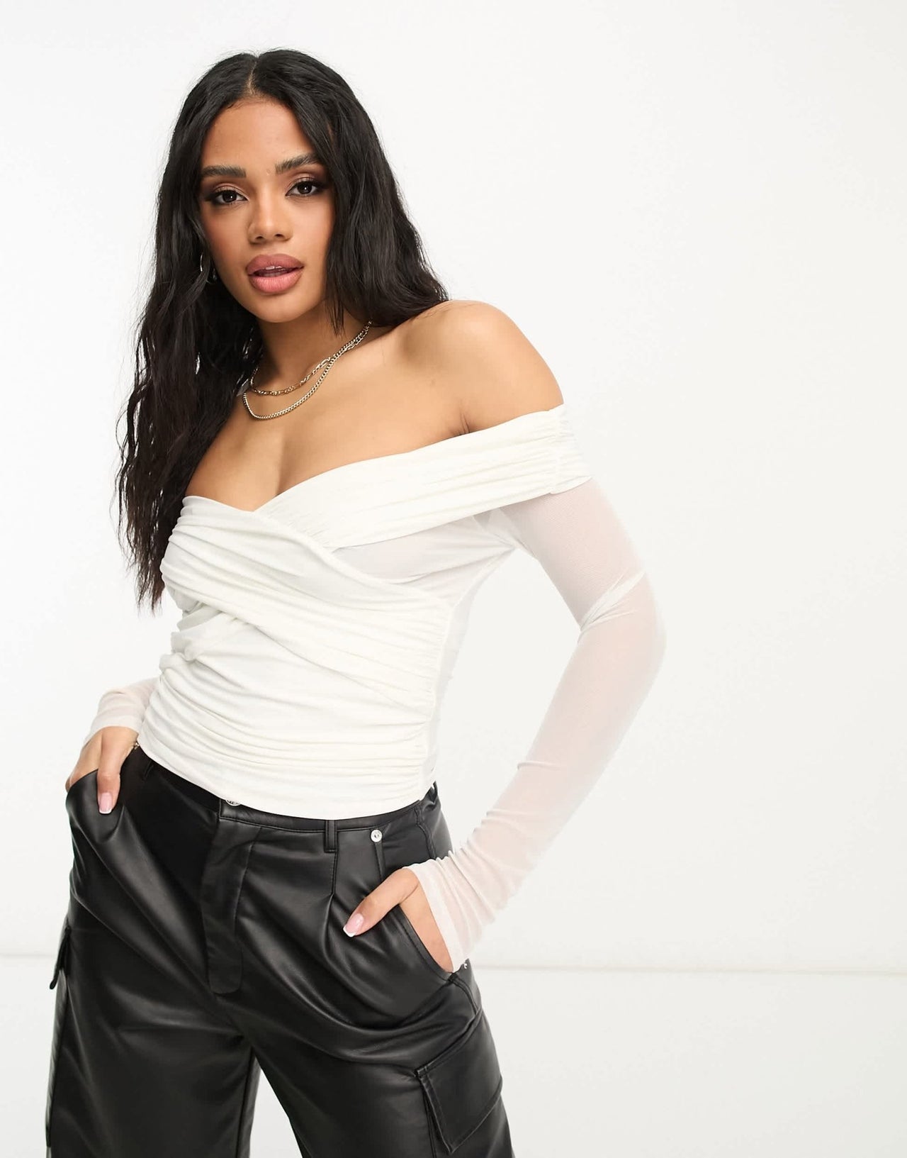 ASOS DESIGN wrap front off shoulder bardot long sleeve top - ASOS Sample Sale EU Store