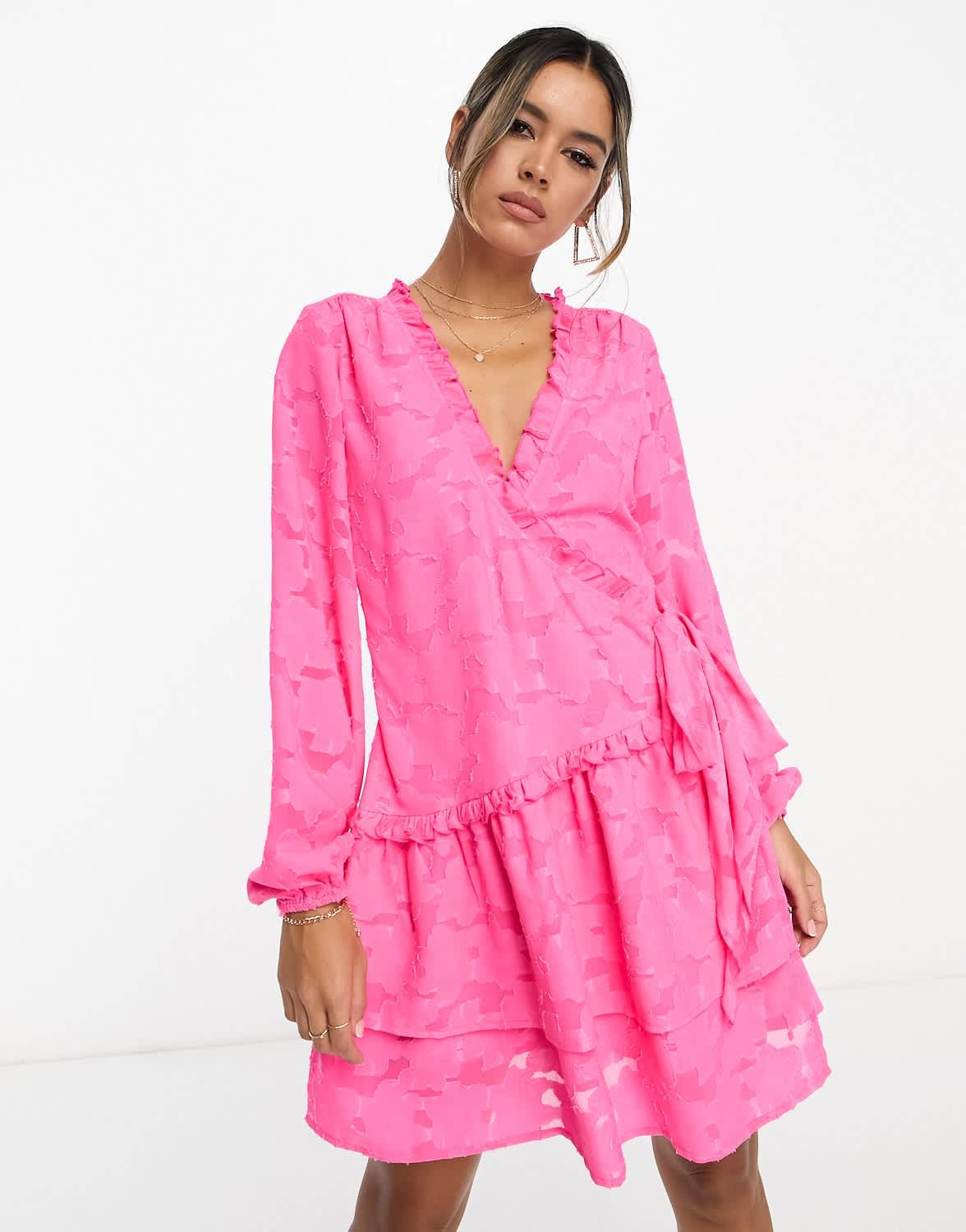 ASOS DESIGN wrap mini dress with pep hem in pink jacquard - ASOS Sample Sale EU Store