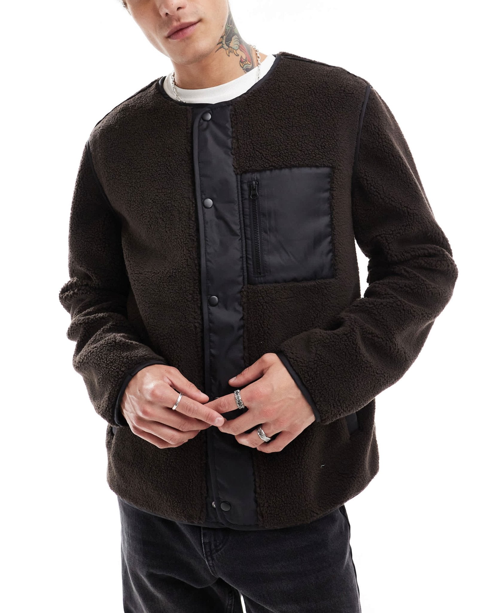 ASOS DESIGN zip through fleece jacket with pocket in brown - ASOS Sample Sale EU Store