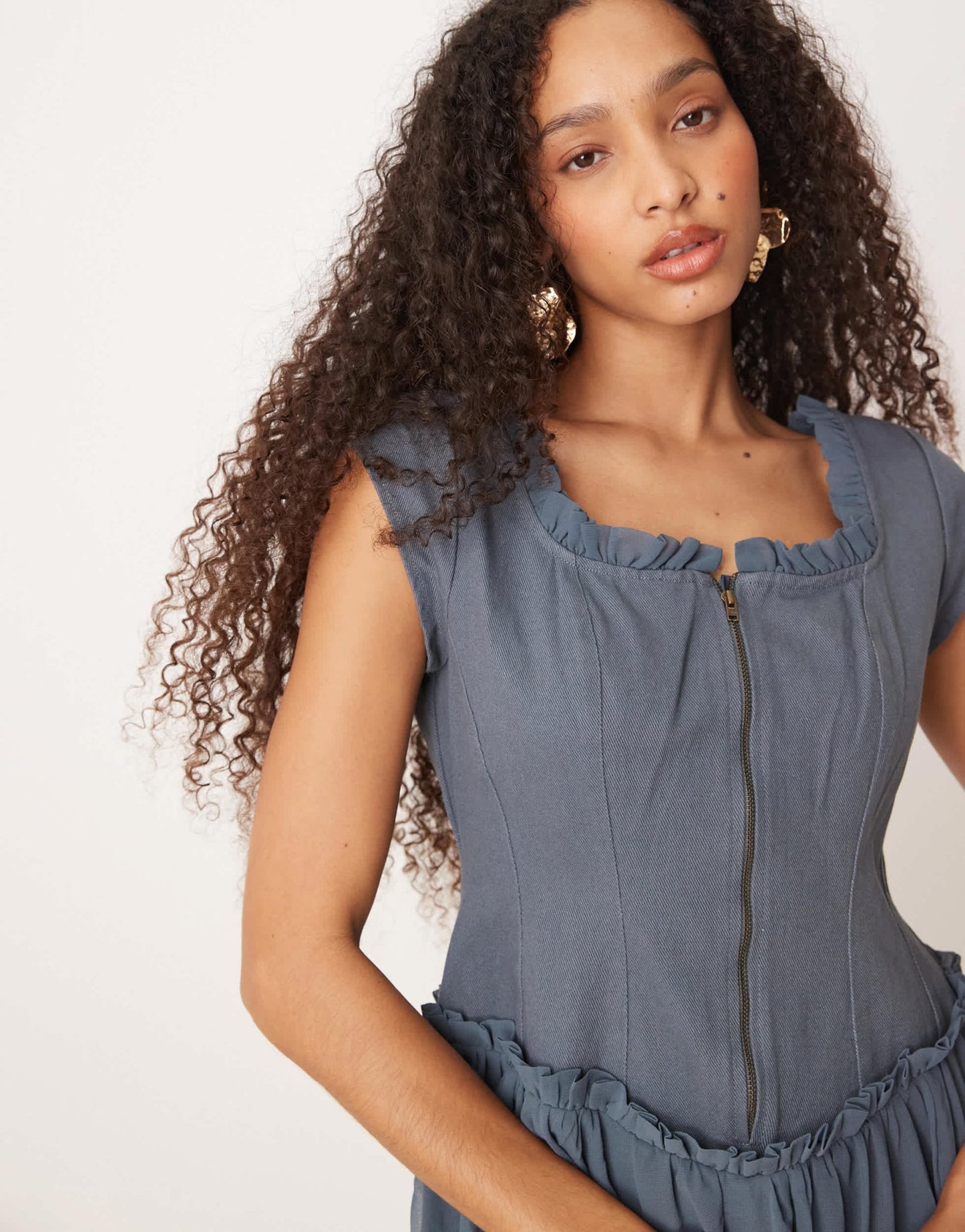 ASOS DESIGN zip through twill bodice midi dress in denim blue - ASOS Sample Sale EU Store