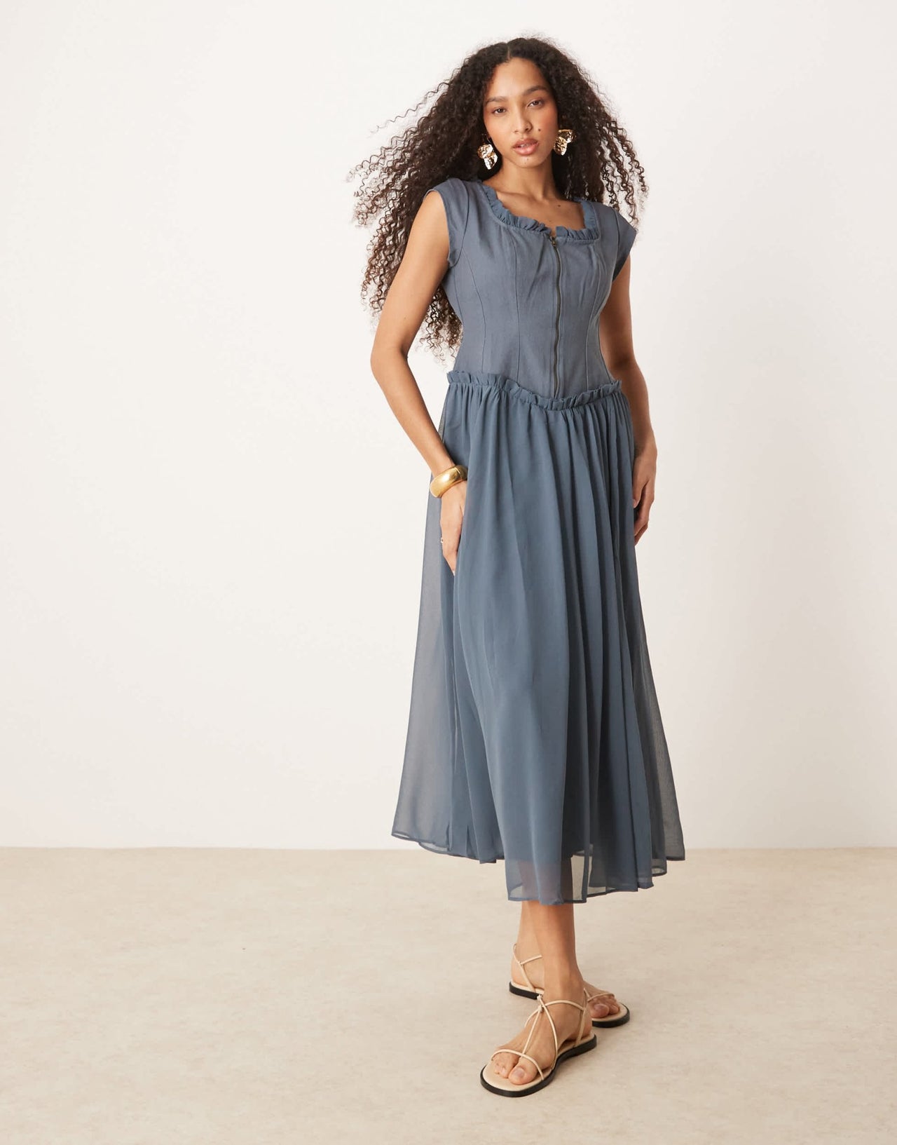 ASOS DESIGN zip through twill bodice midi dress in denim blue - ASOS Sample Sale EU Store