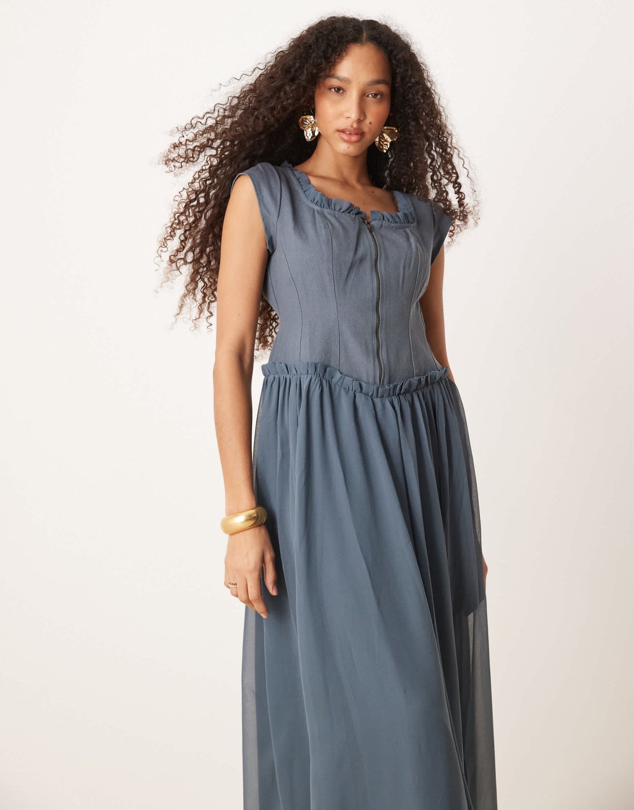ASOS DESIGN zip through twill bodice midi dress in denim blue - ASOS Sample Sale EU Store