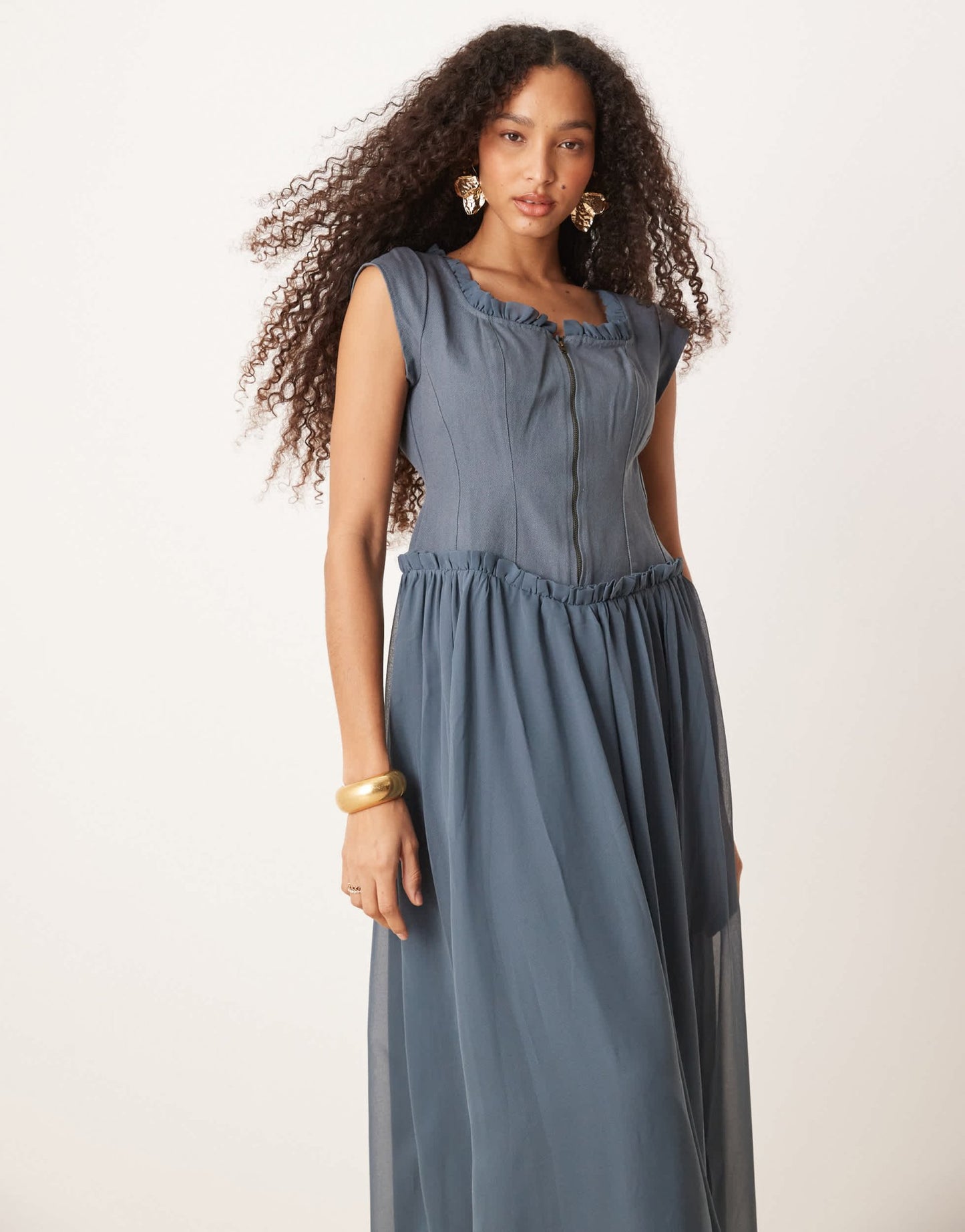ASOS DESIGN zip through twill bodice midi dress in denim blue - ASOS Sample Sale EU Store