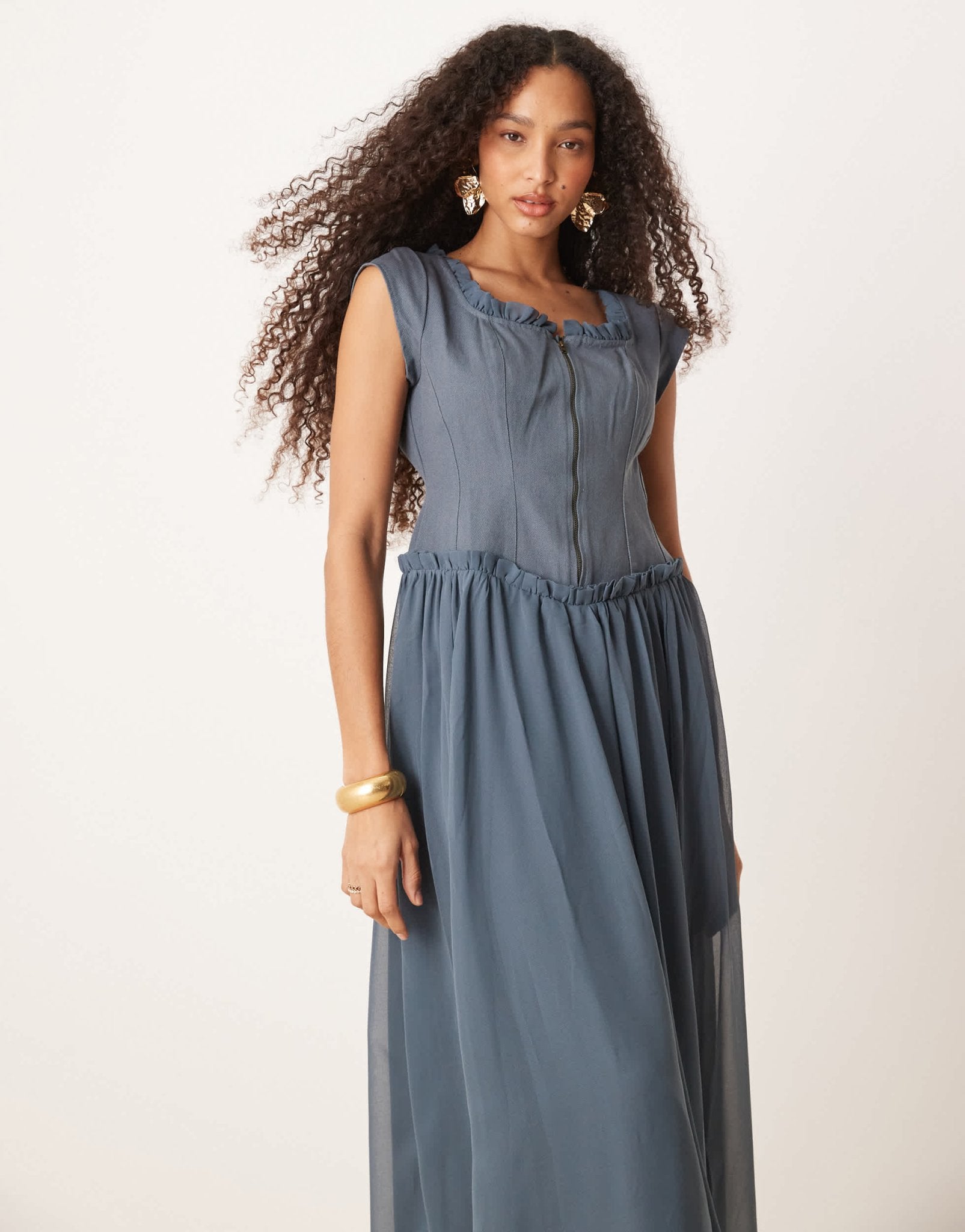 ASOS DESIGN zip through twill bodice midi dress in denim blue - ASOS Sample Sale EU Store