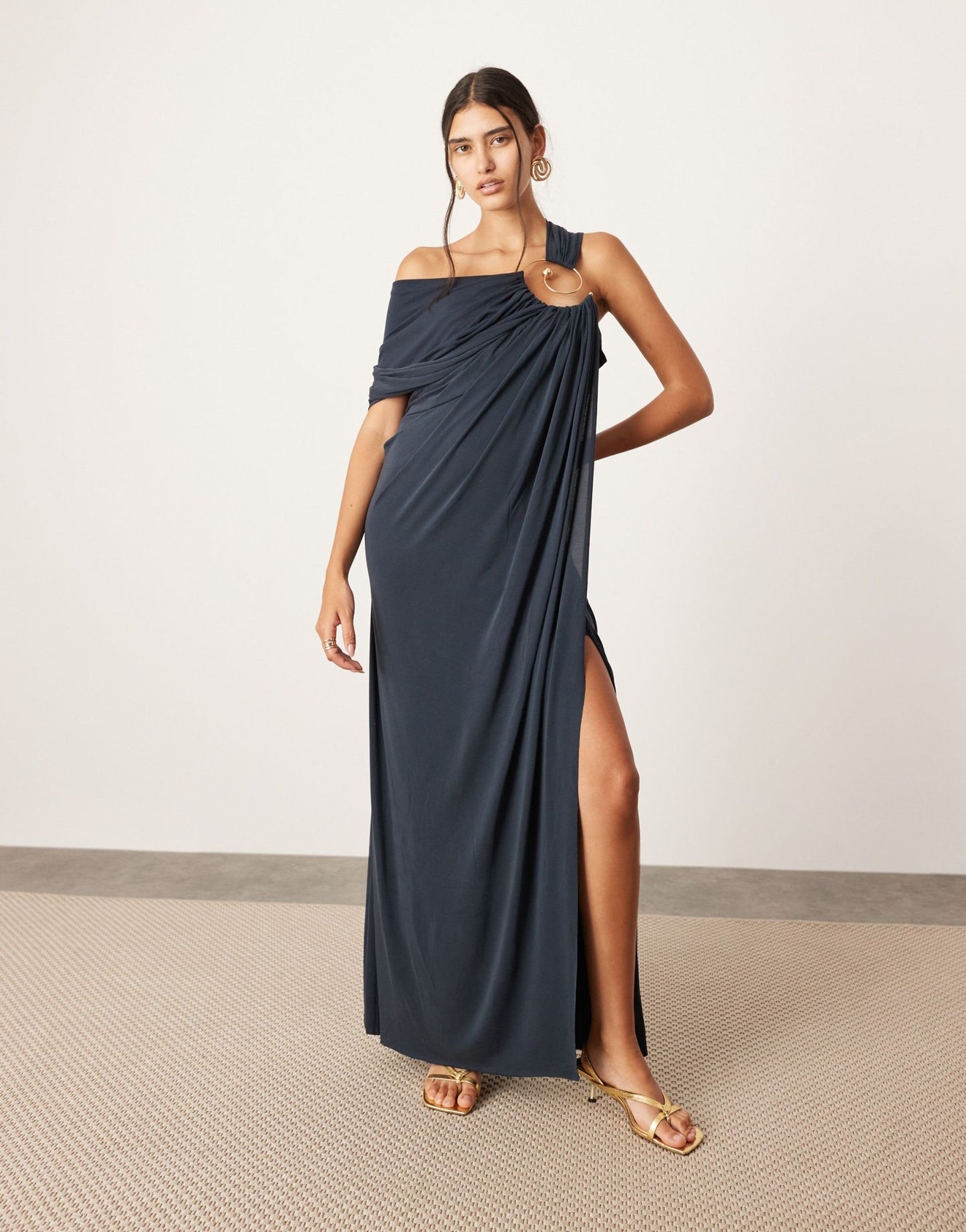 ASOS EDITION asymmetric neck maxi dress with spiral trim in dark blue - ASOS Sample Sale EU Store