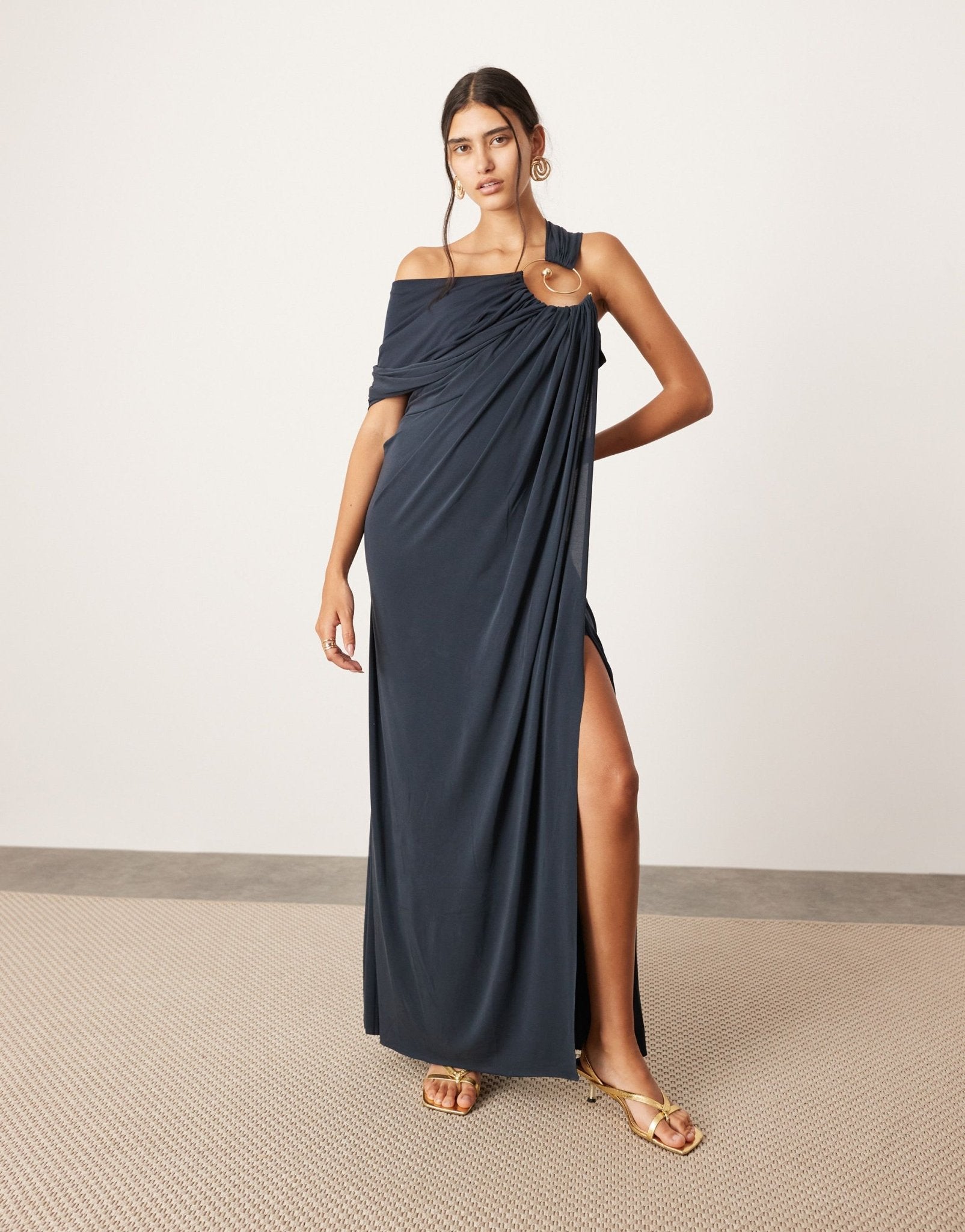 ASOS EDITION asymmetric neck maxi dress with spiral trim in dark blue - ASOS Sample Sale EU Store