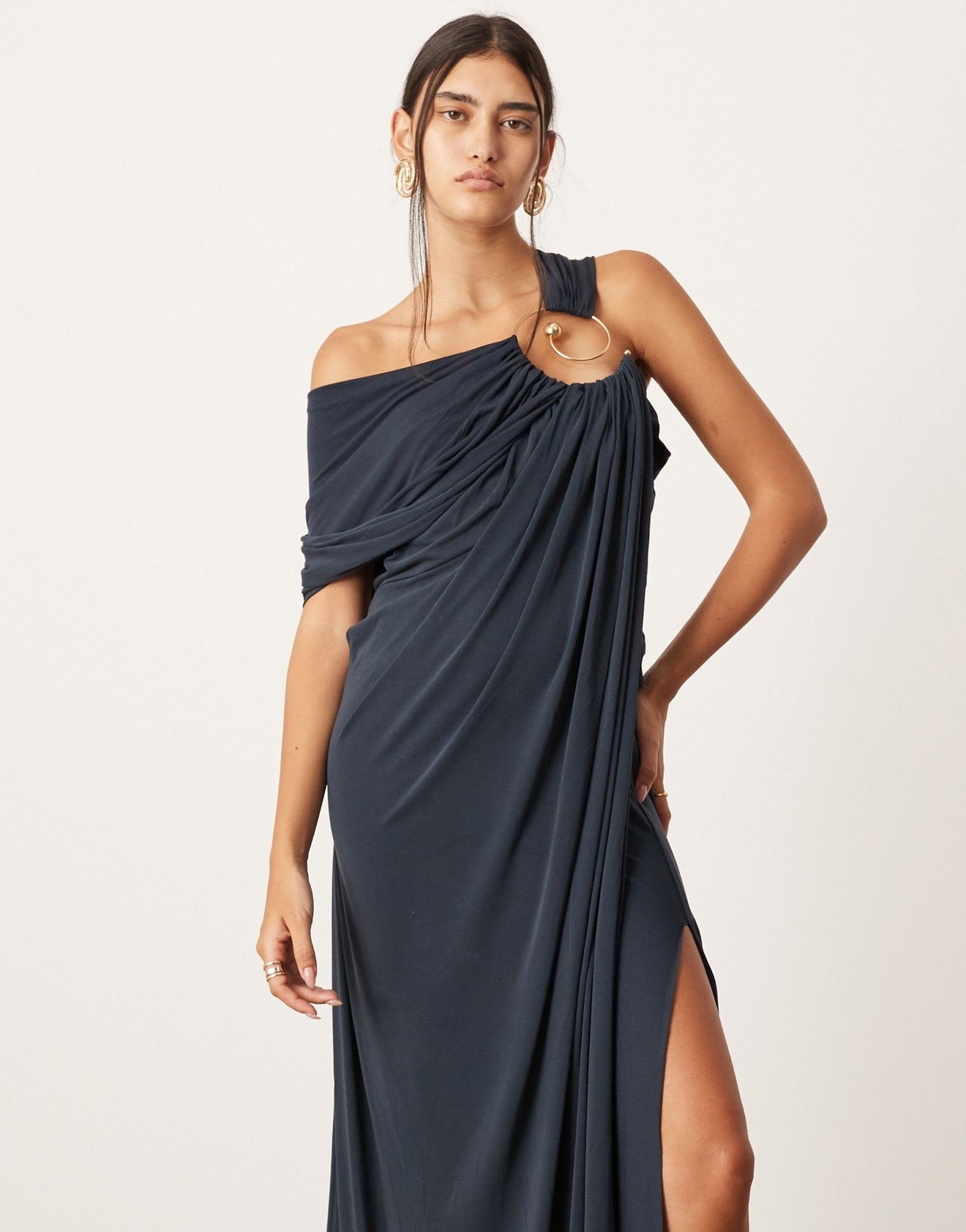 ASOS EDITION asymmetric neck maxi dress with spiral trim in dark blue - ASOS Sample Sale EU Store